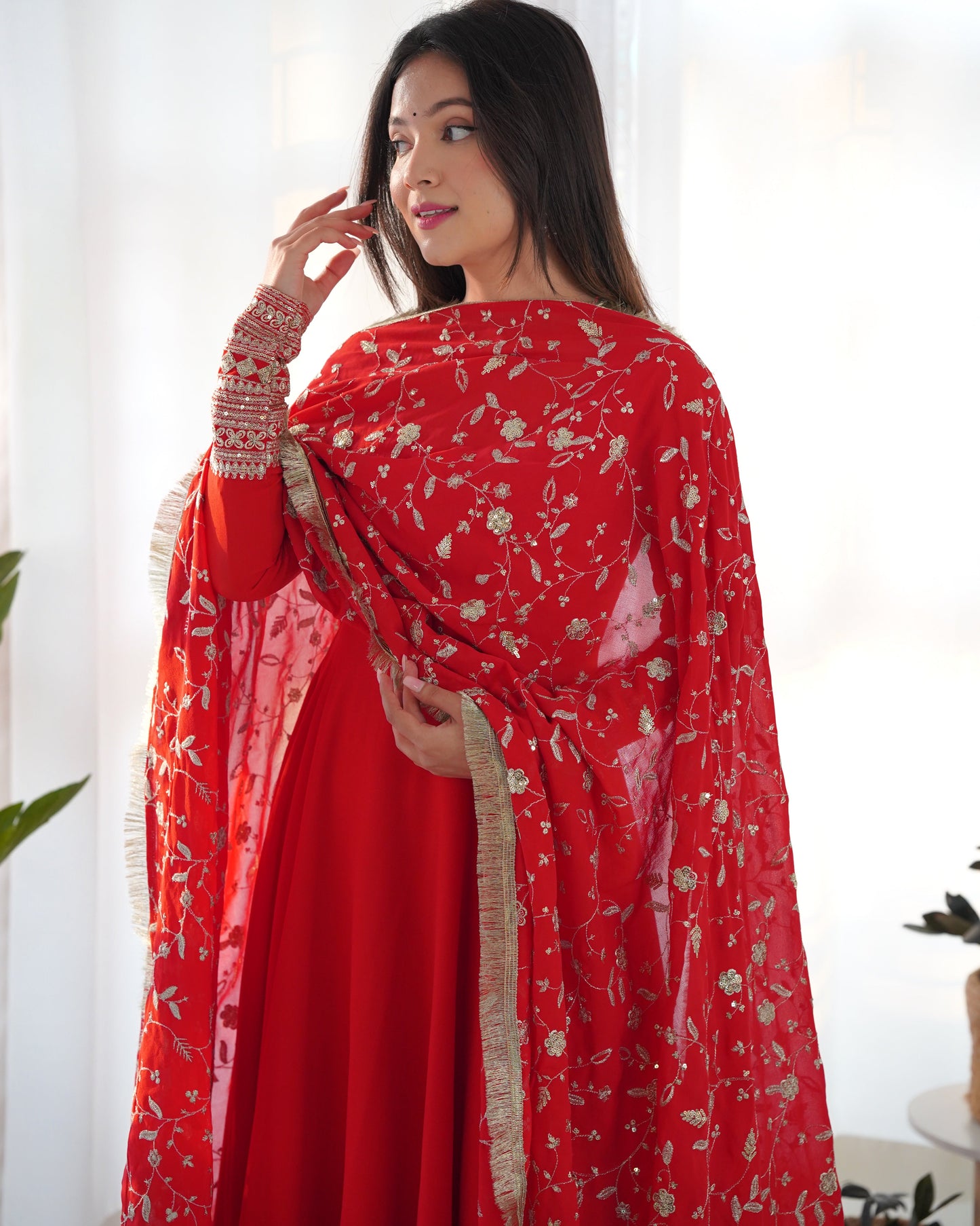 Premium Red Color Georgette Gown With Embroidery Sequence