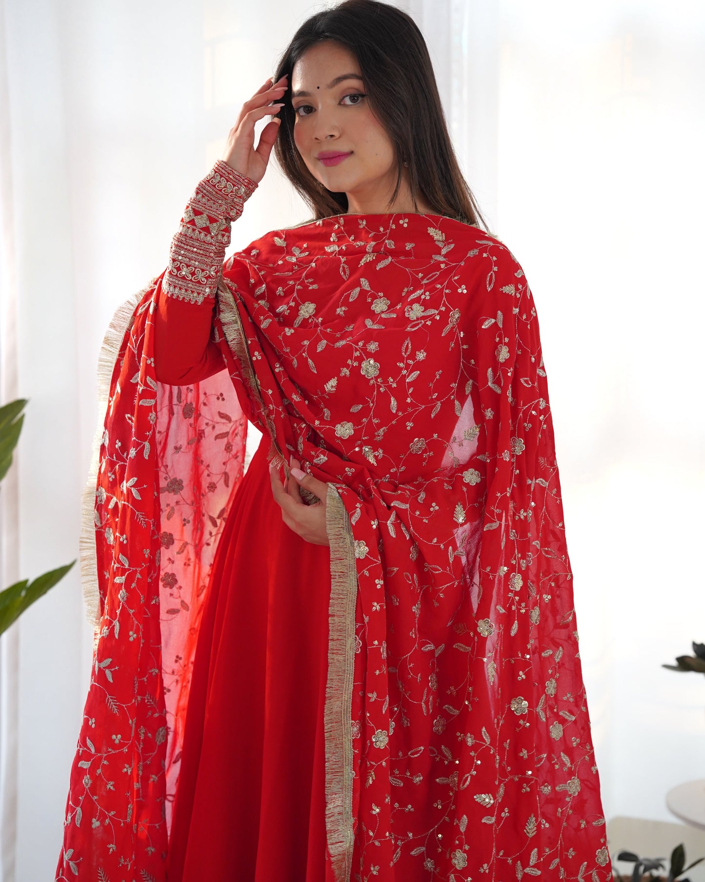 Premium Red Color Georgette Gown With Embroidery Sequence