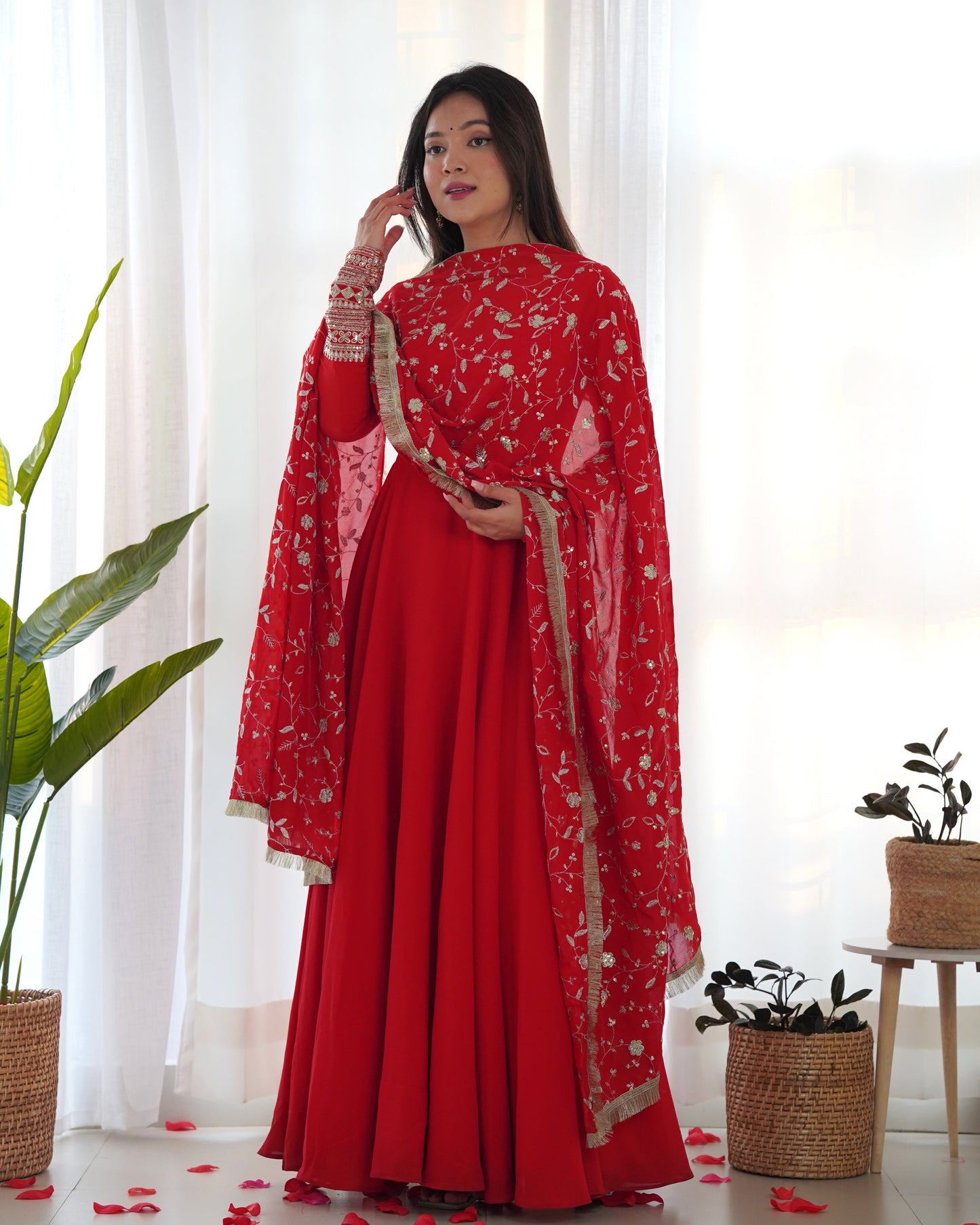 Premium Red Color Georgette Gown With Embroidery Sequence