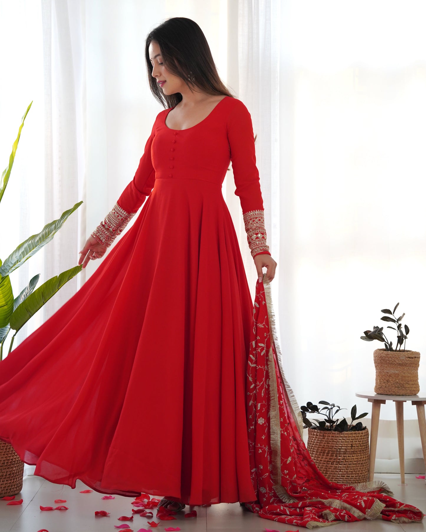 Premium Red Color Georgette Gown With Embroidery Sequence