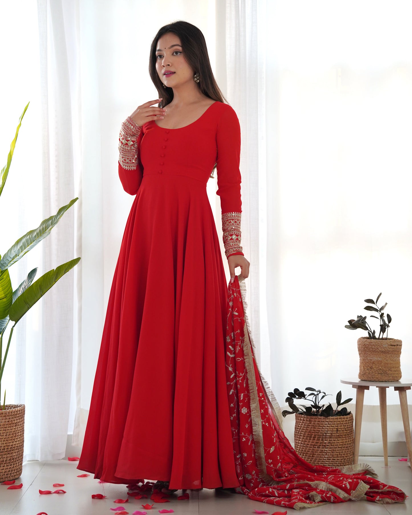Premium Red Color Georgette Gown With Embroidery Sequence