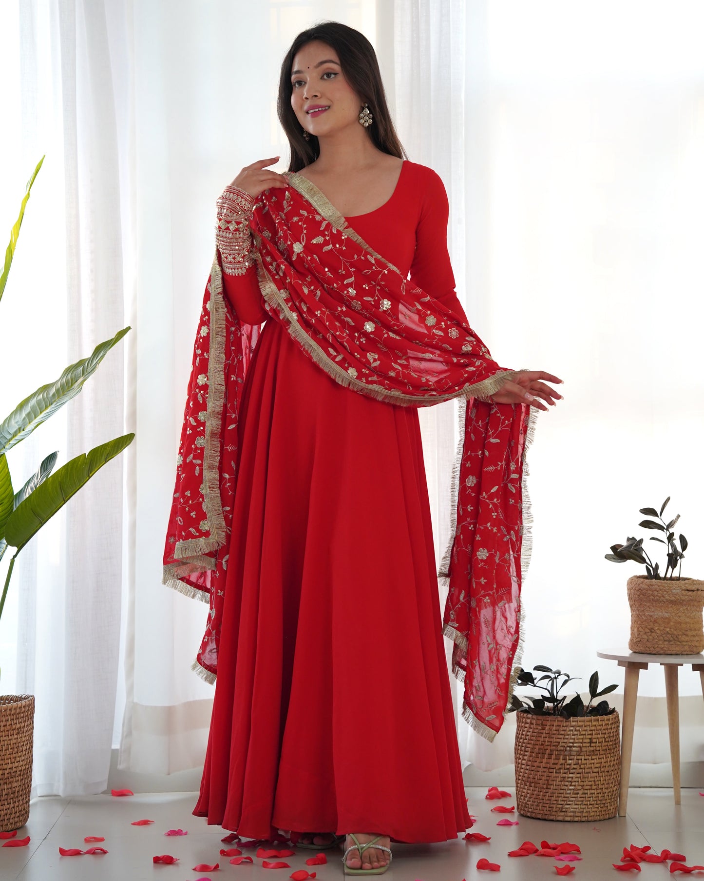 Premium Red Color Georgette Gown With Embroidery Sequence
