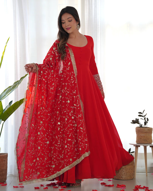 Premium Red Color Georgette Gown With Embroidery Sequence