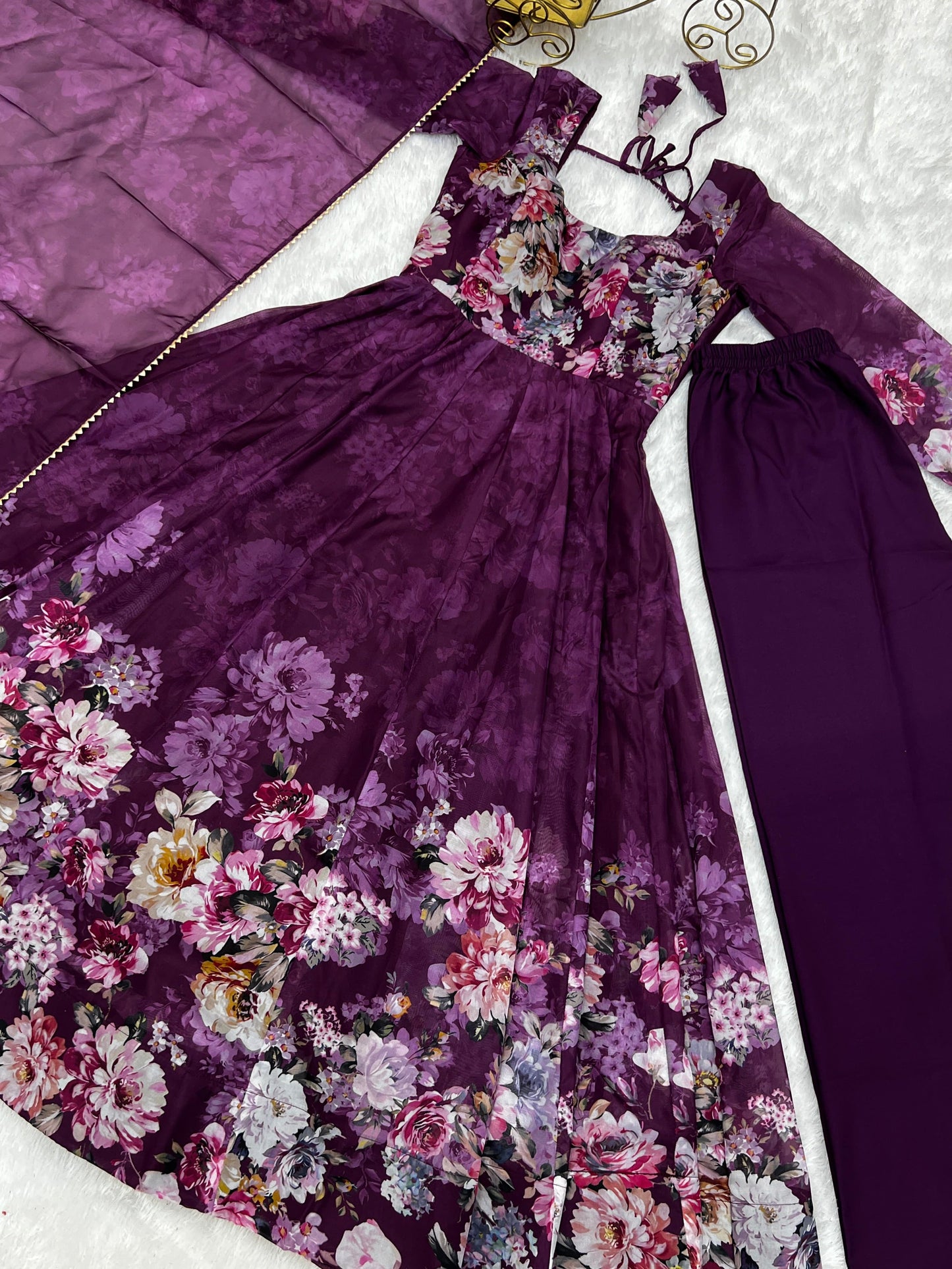 Lovely Organza Silk Floral Digital Printed Anarkali Pant Suit - Ethnicwish