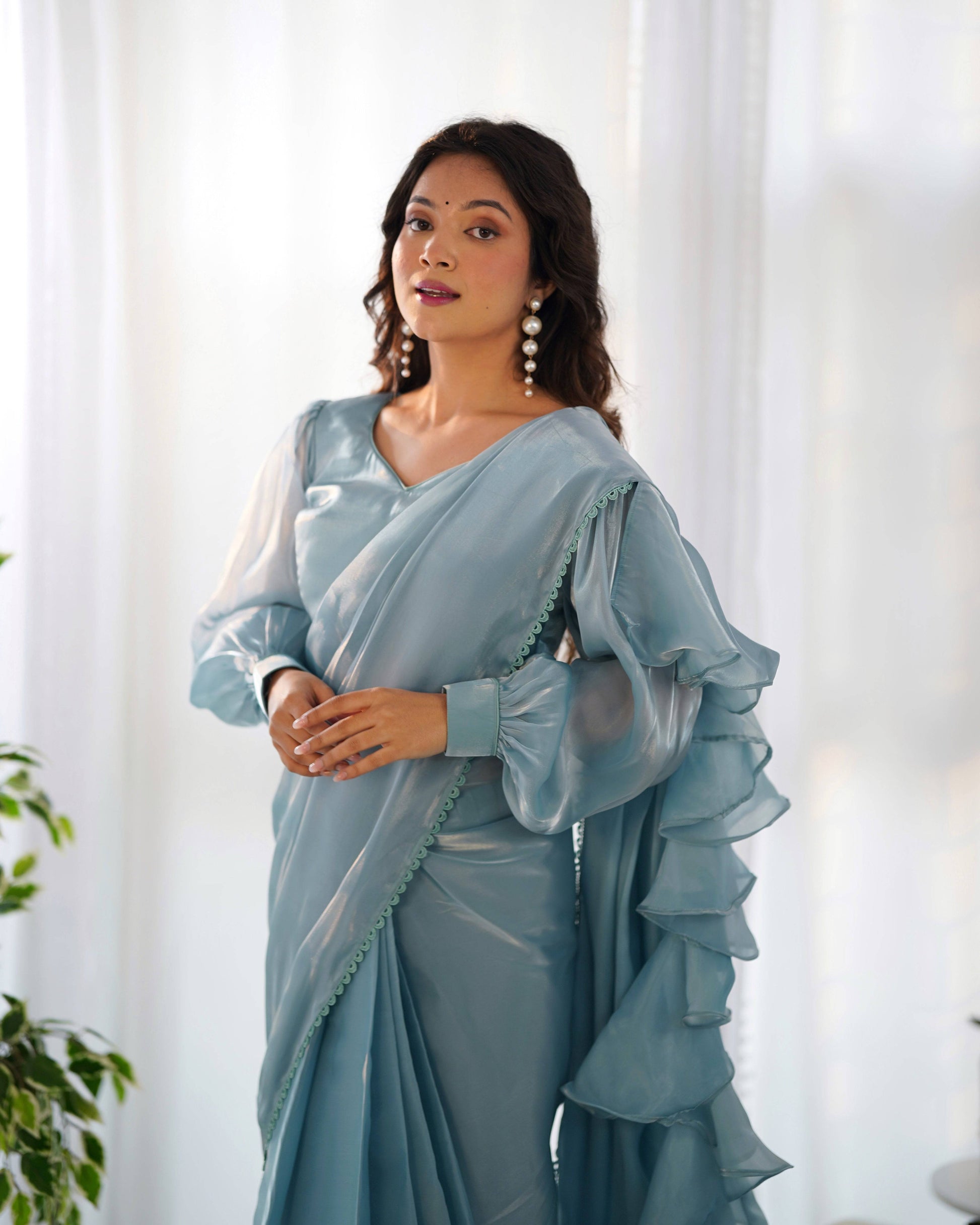 Alluring Jimmi Organza Silk Fully Stitched Ready To Wear Saree - Ethnicwish