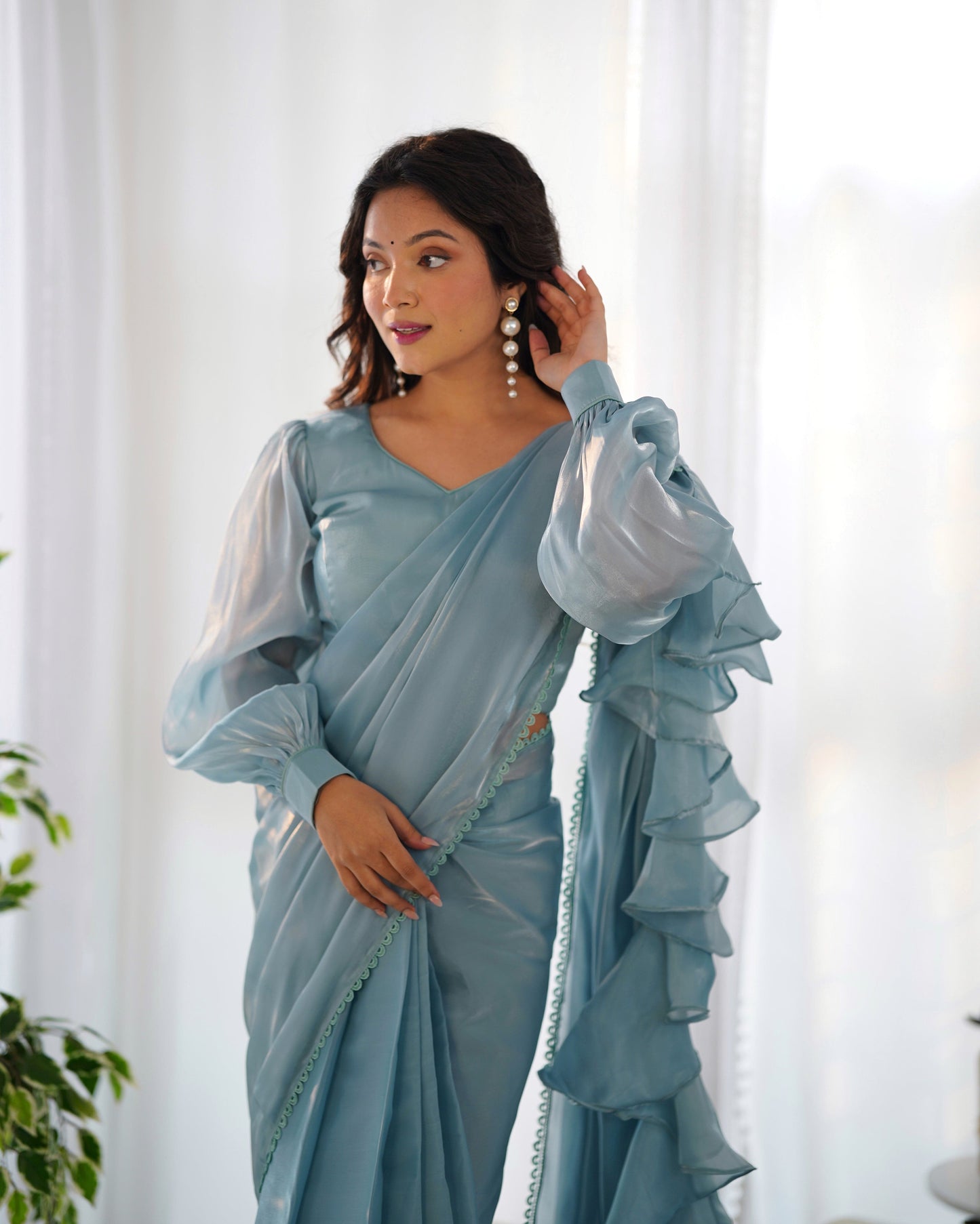 Alluring Jimmi Organza Silk Fully Stitched Ready To Wear Saree - Ethnicwish