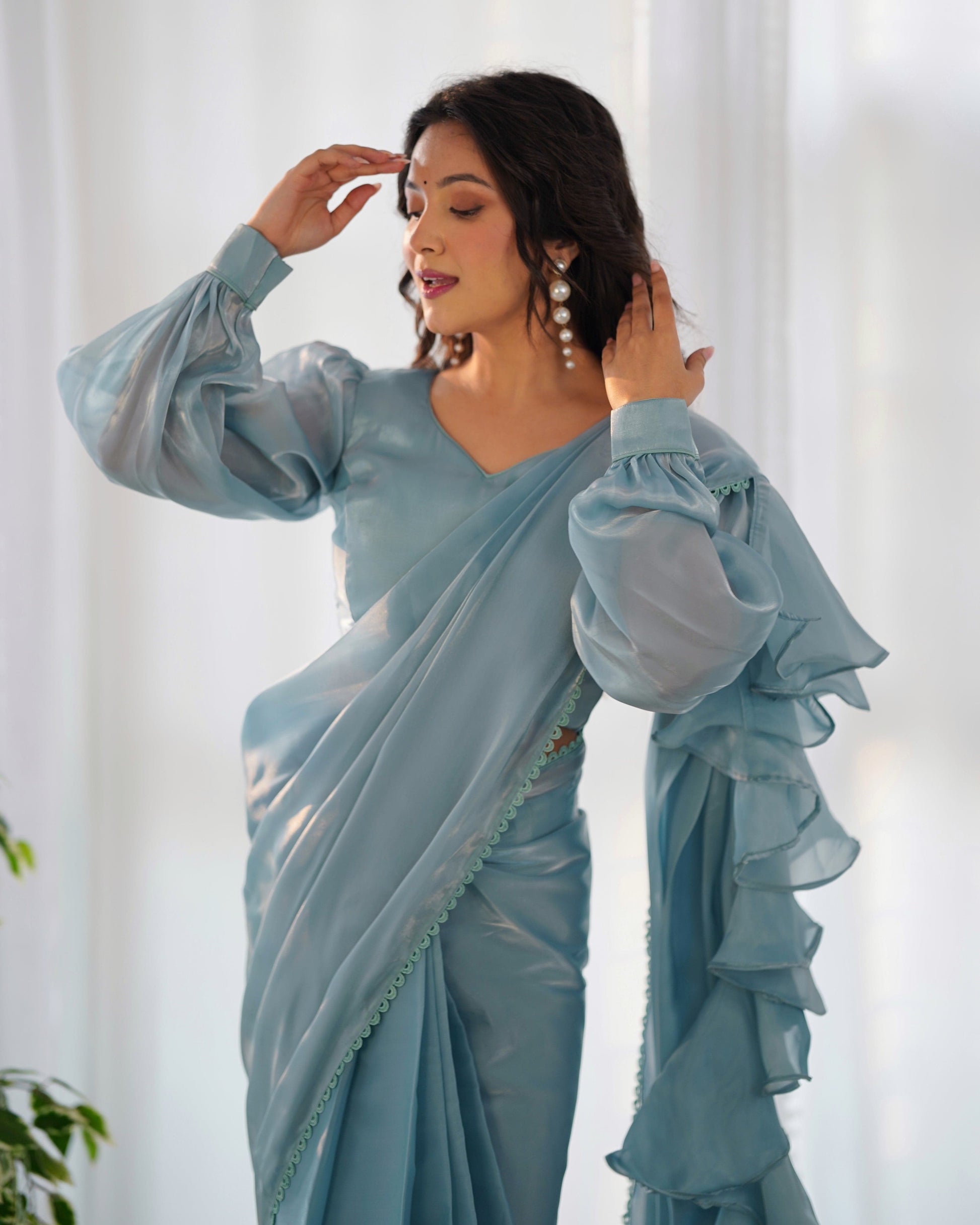 Alluring Jimmi Organza Silk Fully Stitched Ready To Wear Saree - Ethnicwish