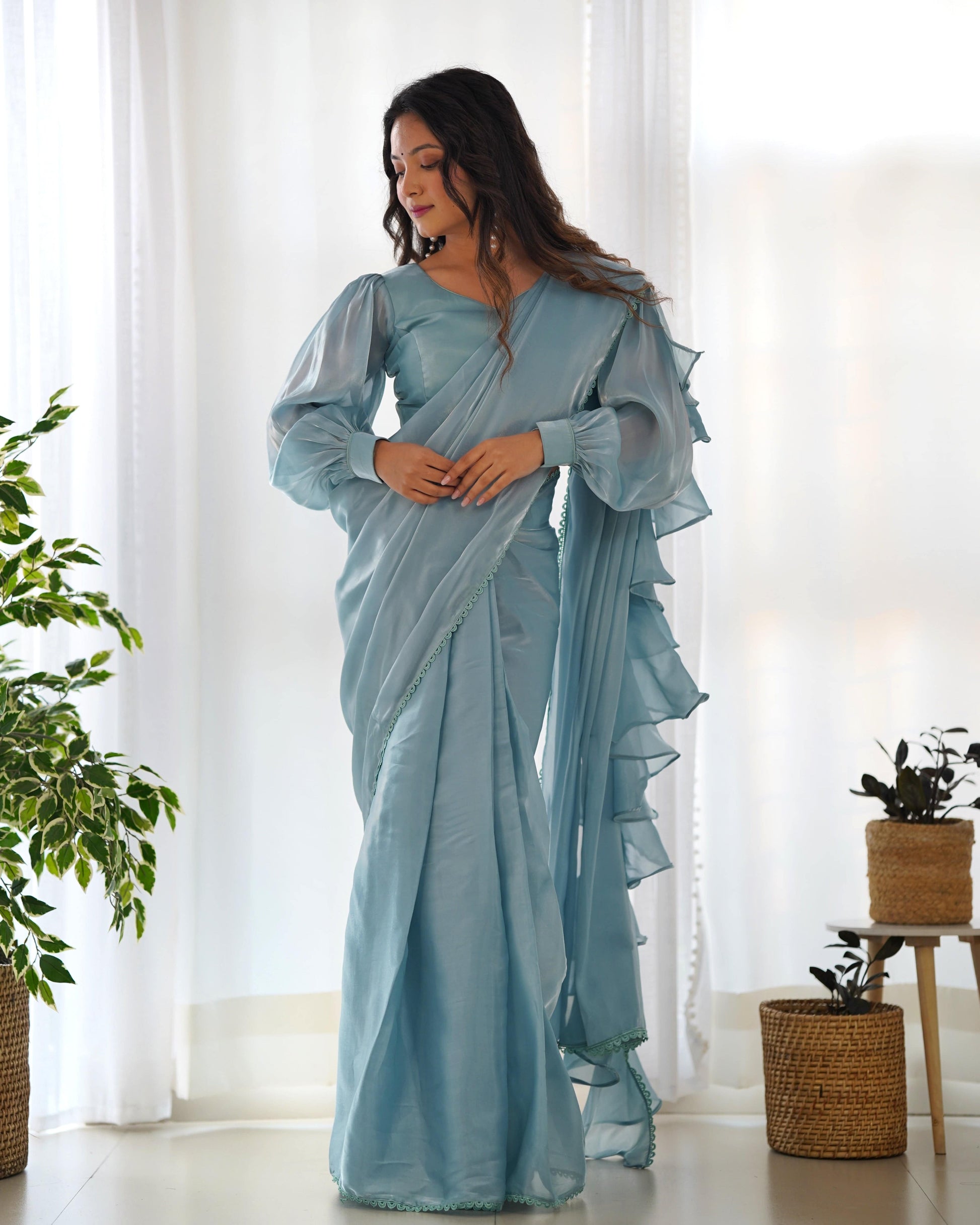 Alluring Jimmi Organza Silk Fully Stitched Ready To Wear Saree - Ethnicwish