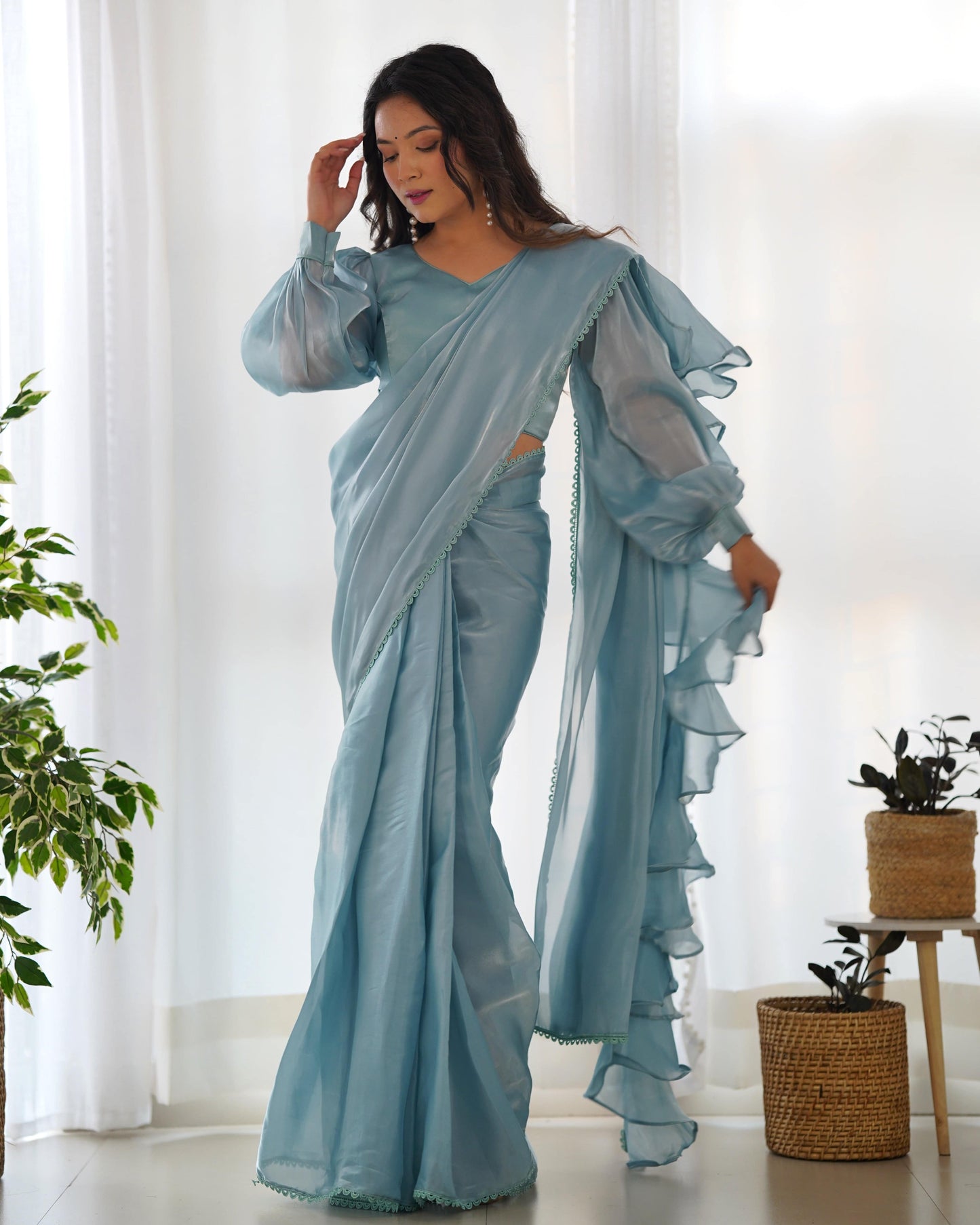 Alluring Jimmi Organza Silk Fully Stitched Ready To Wear Saree - Ethnicwish