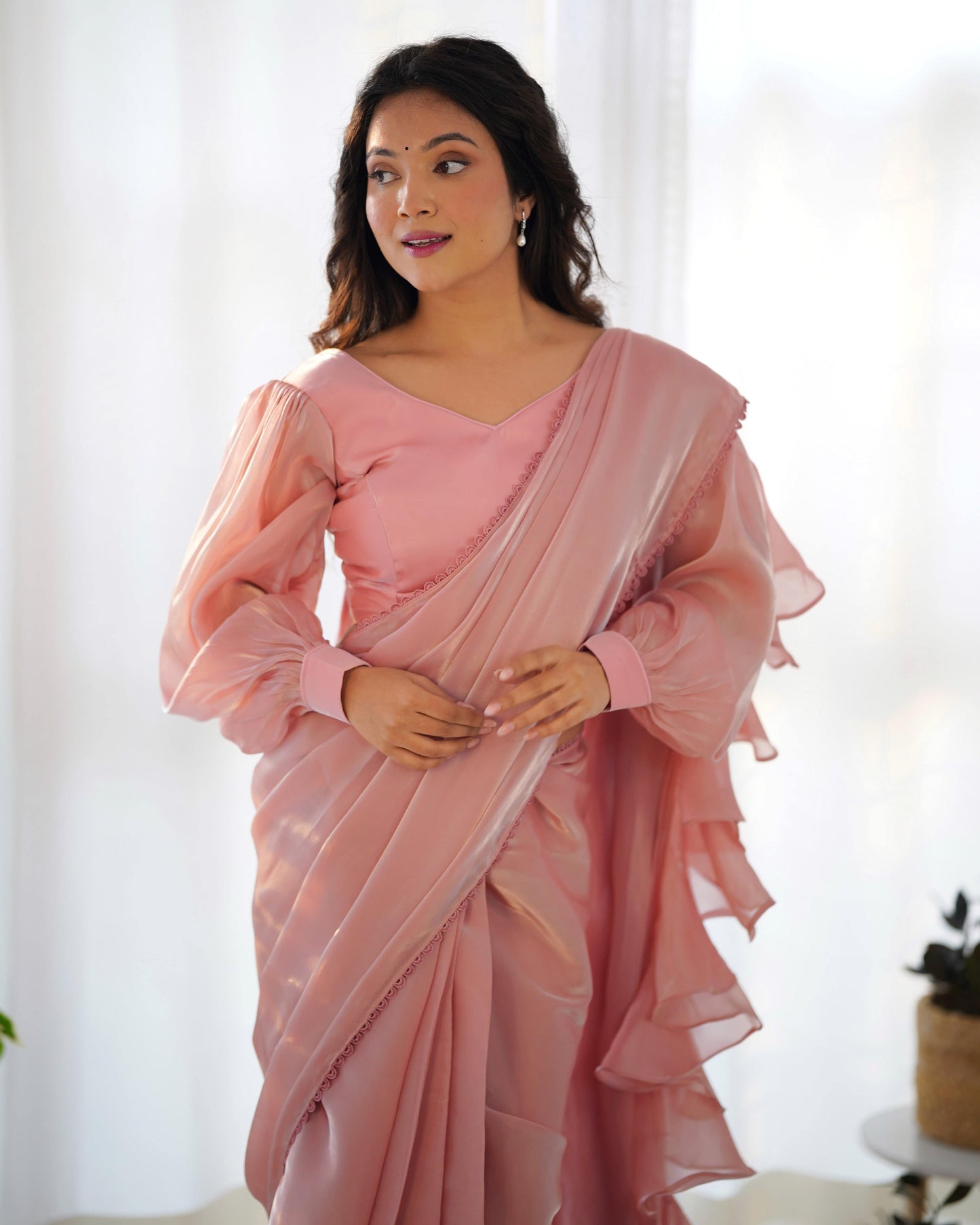 Alluring Jimmi Organza Silk Fully Stitched Ready To Wear Saree - Ethnicwish