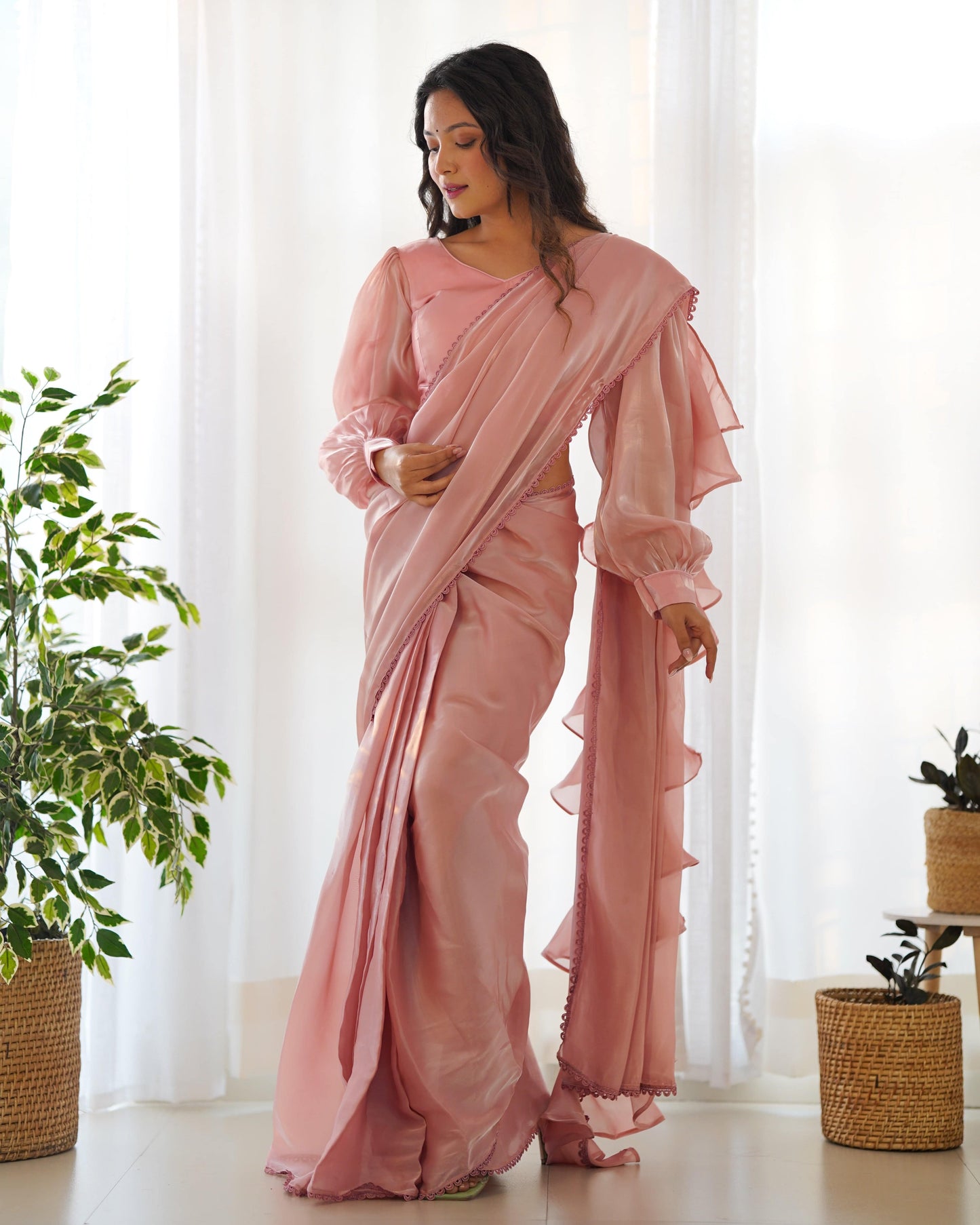Alluring Jimmi Organza Silk Fully Stitched Ready To Wear Saree - Ethnicwish
