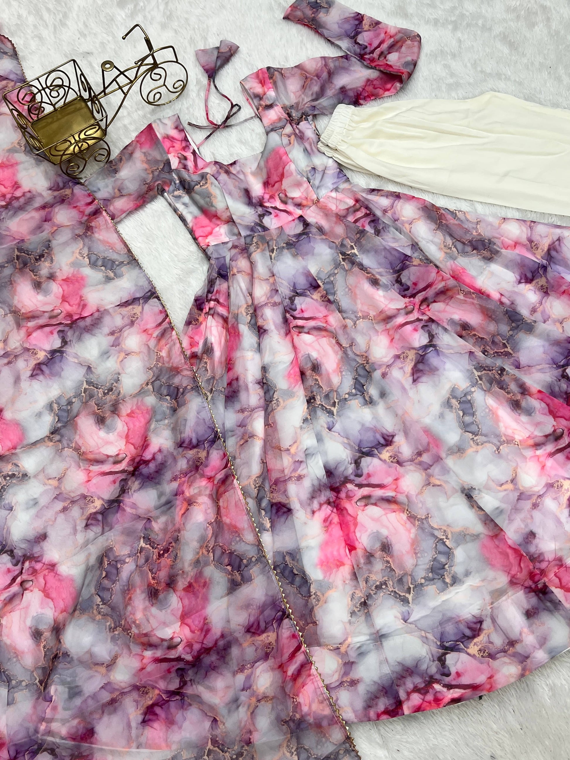 Graceful Organza Silk Floral Digital Printed Anarkali Pant Suit - Ethnicwish