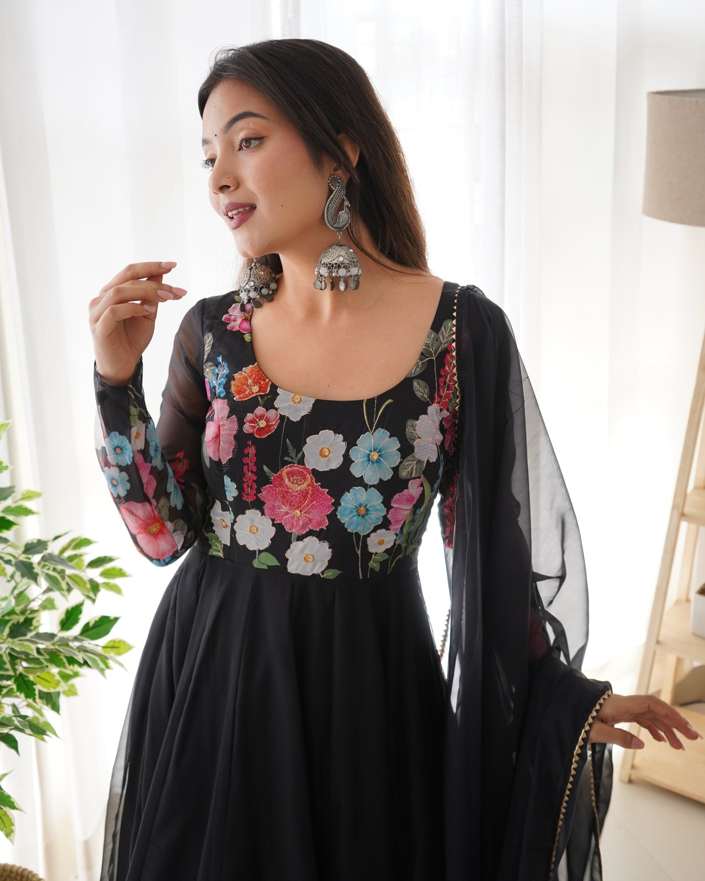 Breathtaking Organza Silk Floral Printed Designer Anarkali Pant Suit - Ethnicwish