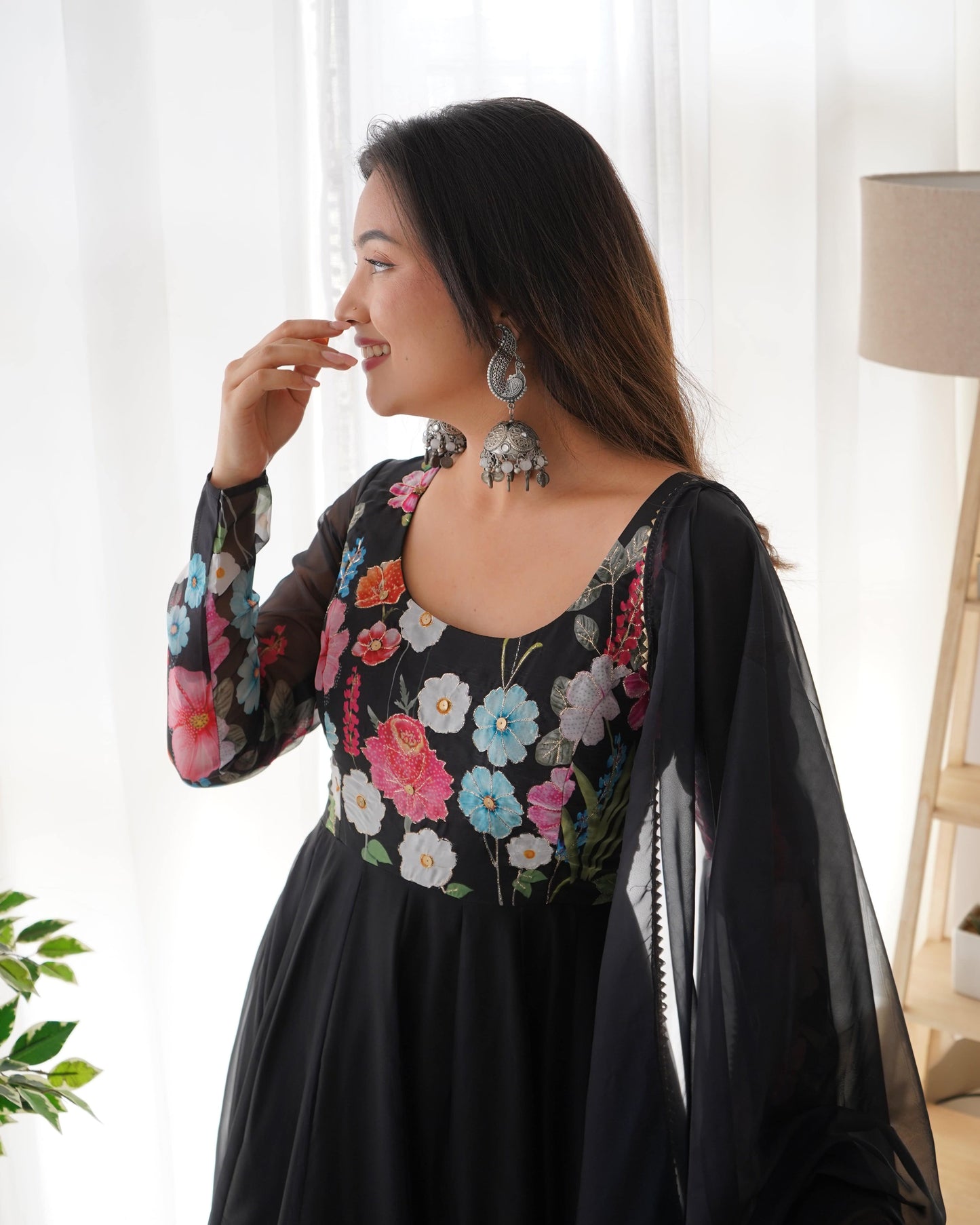 Breathtaking Organza Silk Floral Printed Designer Anarkali Pant Suit - Ethnicwish