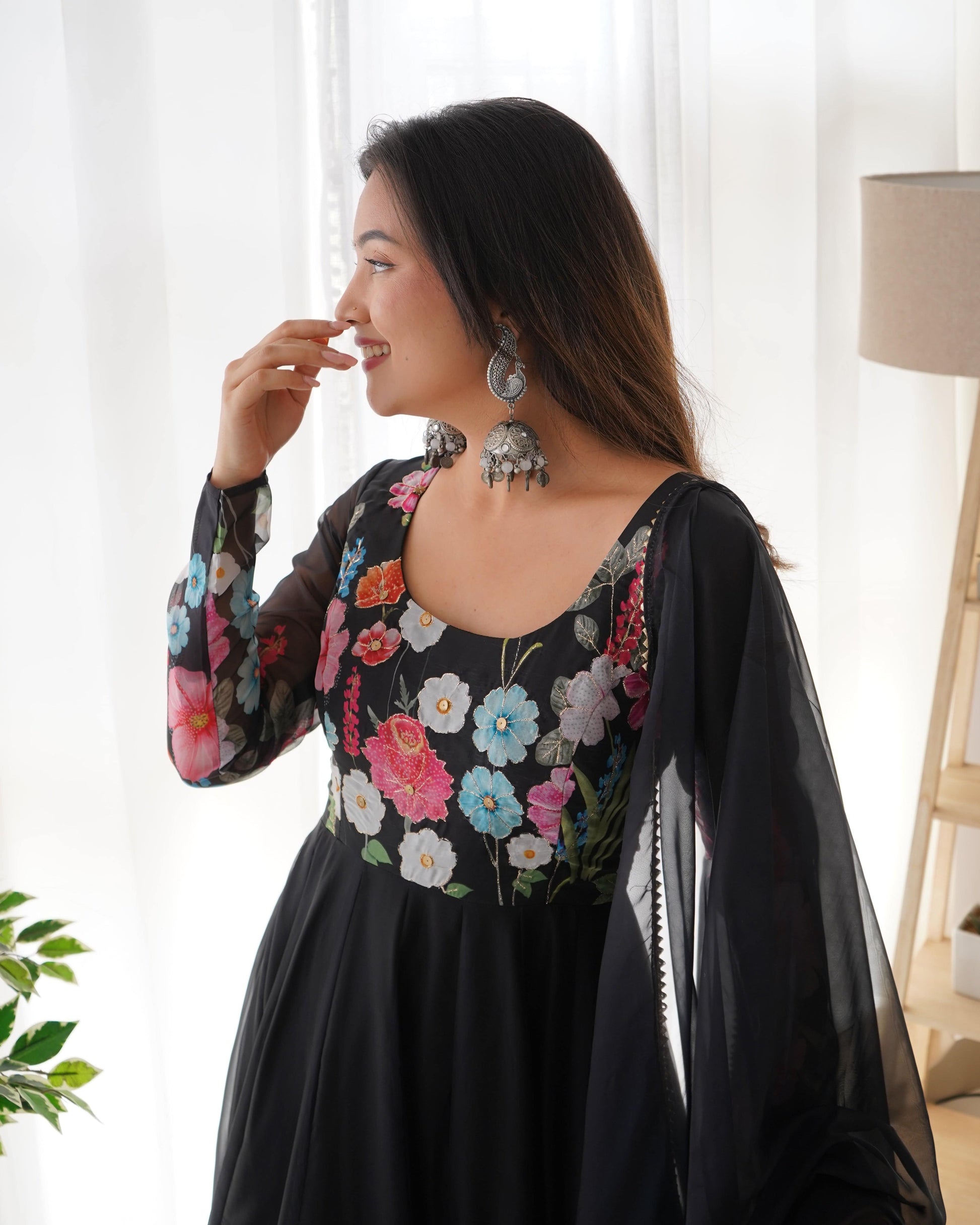 Breathtaking Organza Silk Floral Printed Designer Anarkali Pant Suit - Ethnicwish