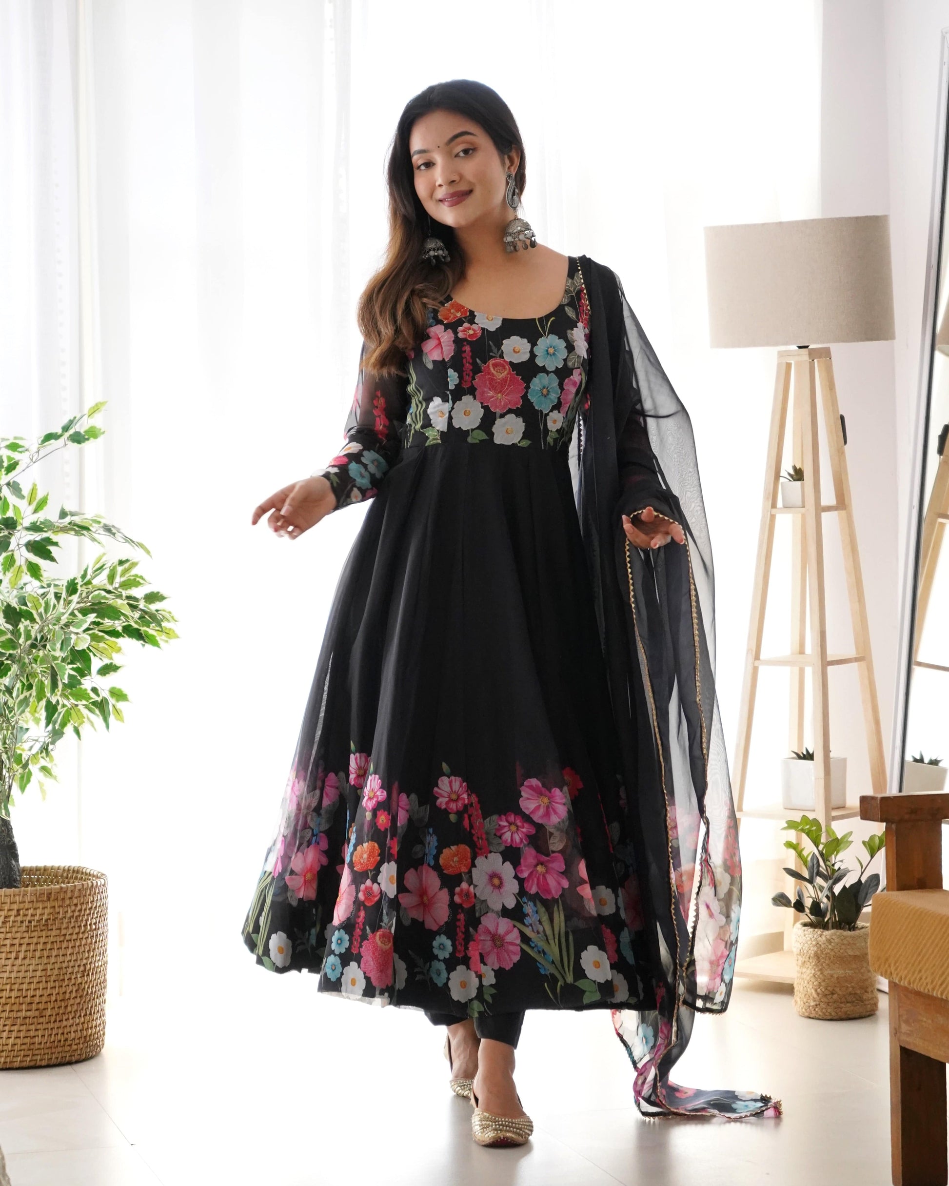 Breathtaking Organza Silk Floral Printed Designer Anarkali Pant Suit - Ethnicwish