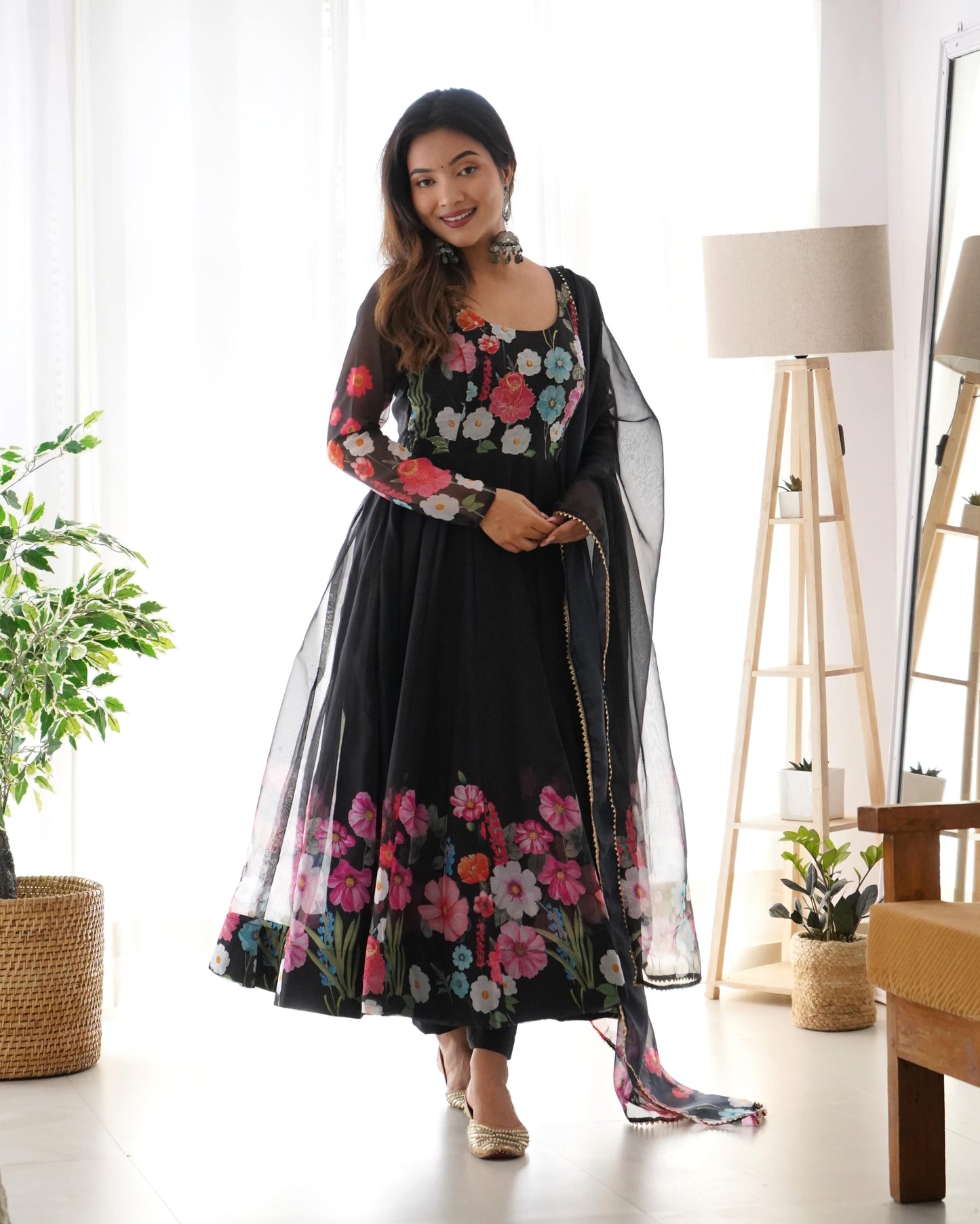 Breathtaking Organza Silk Floral Printed Designer Anarkali Pant Suit - Ethnicwish