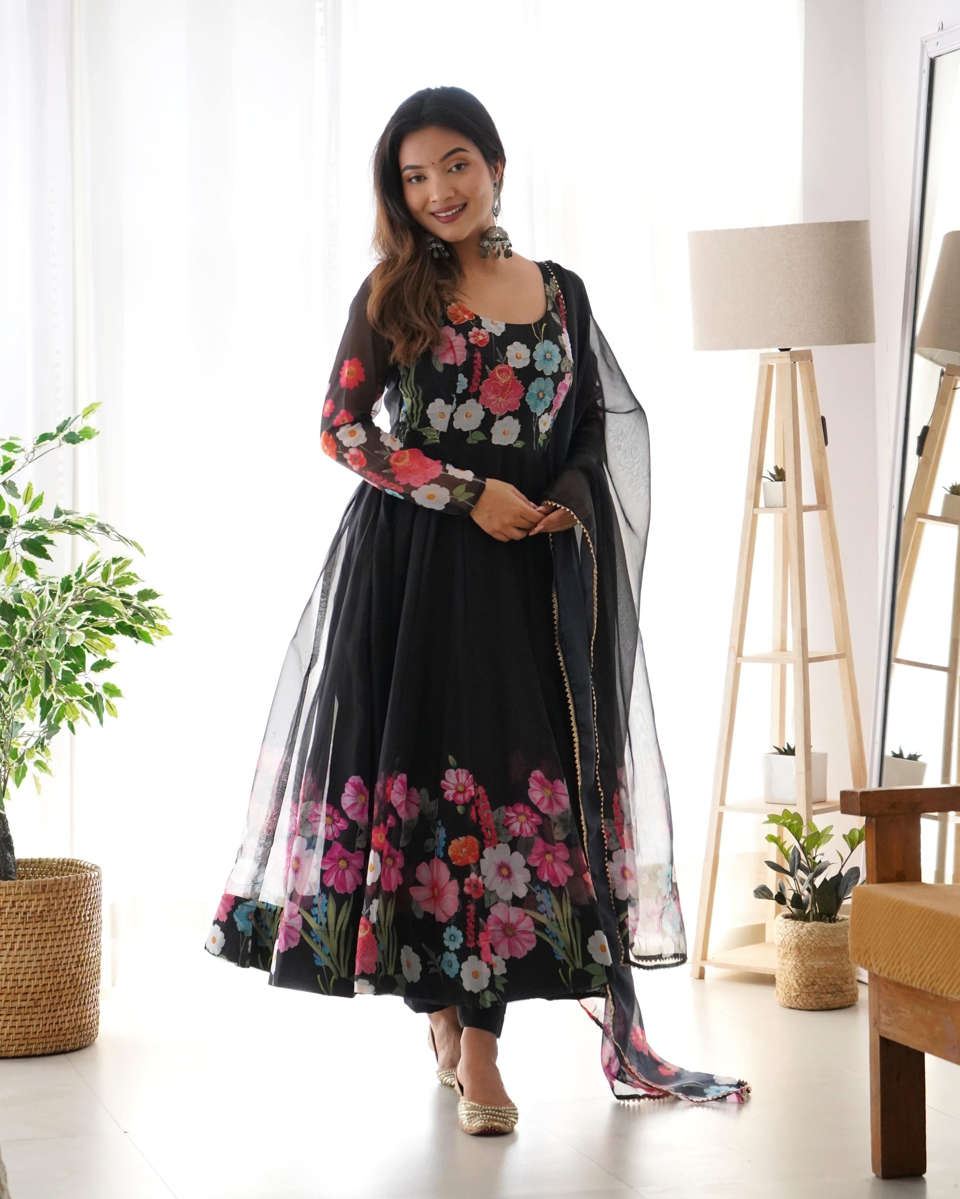 Breathtaking Organza Silk Floral Printed Designer Anarkali Pant Suit - Ethnicwish