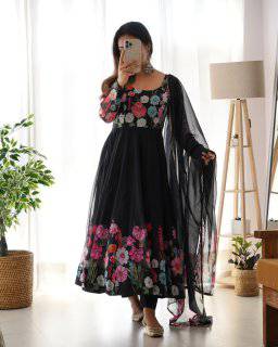Breathtaking Organza Silk Floral Printed Designer Anarkali Pant Suit - Ethnicwish