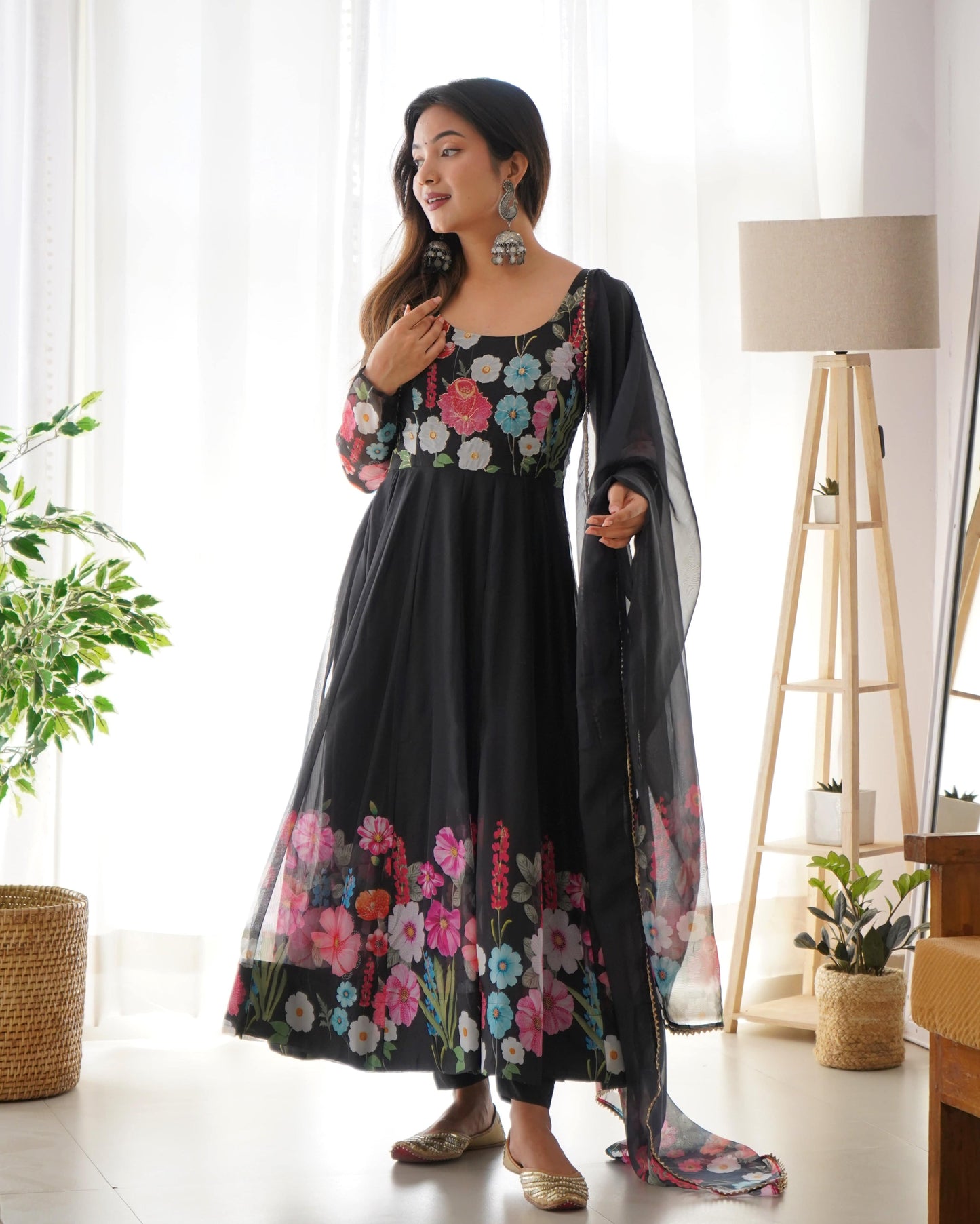 Breathtaking Organza Silk Floral Printed Designer Anarkali Pant Suit - Ethnicwish