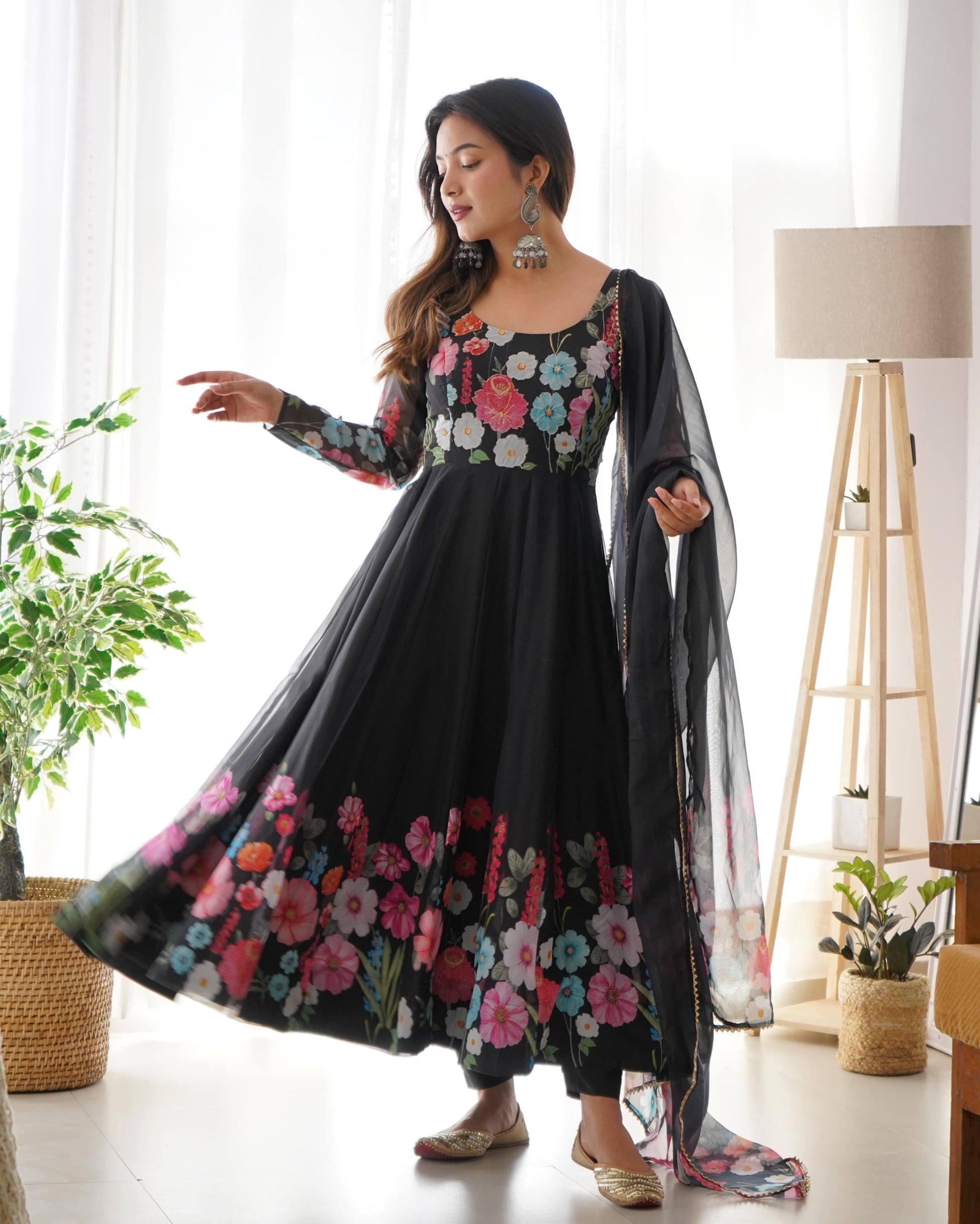 Breathtaking Organza Silk Floral Printed Designer Anarkali Pant Suit - Ethnicwish