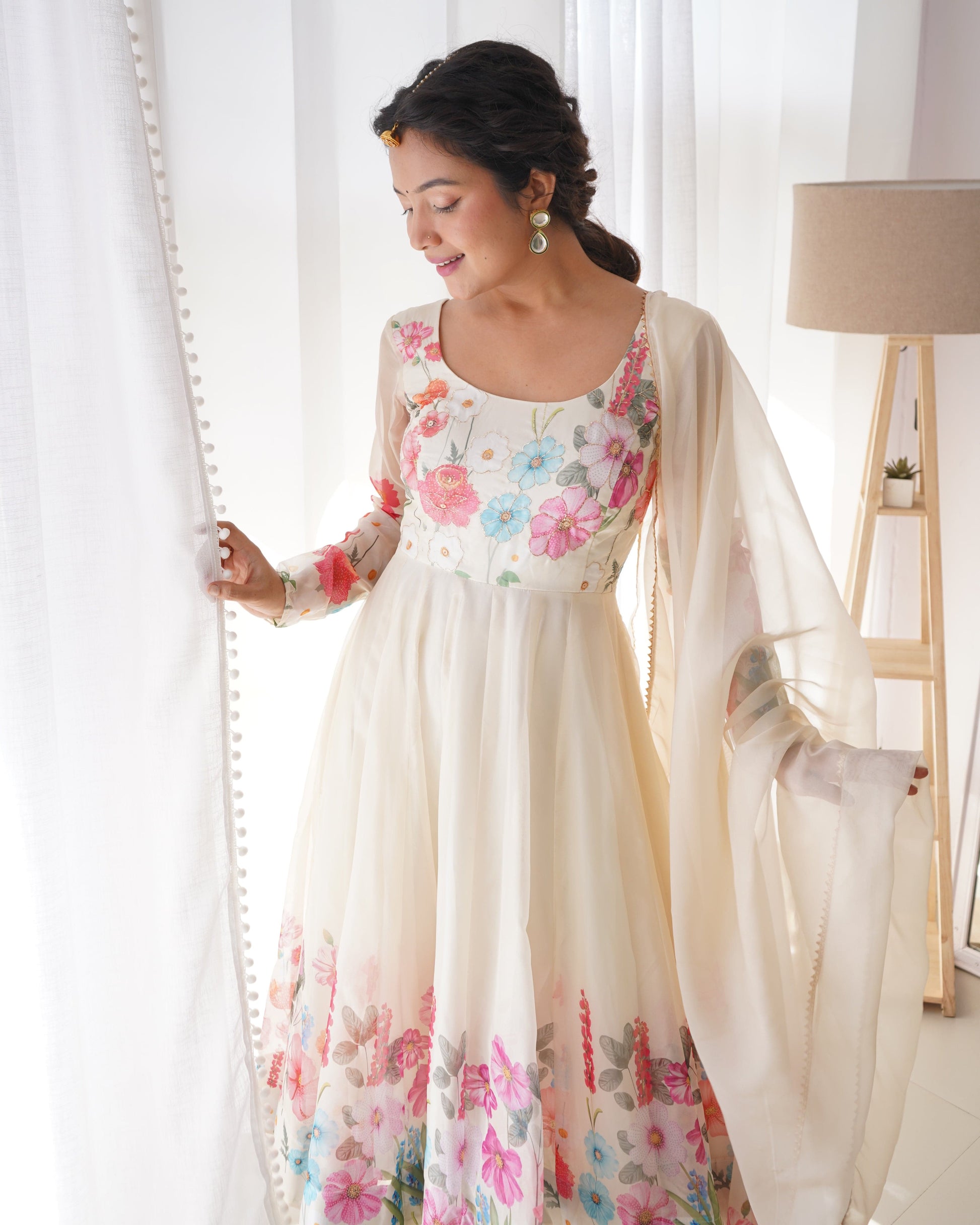 Breathtaking Organza Silk Floral Printed Designer Anarkali Pant Suit - Ethnicwish