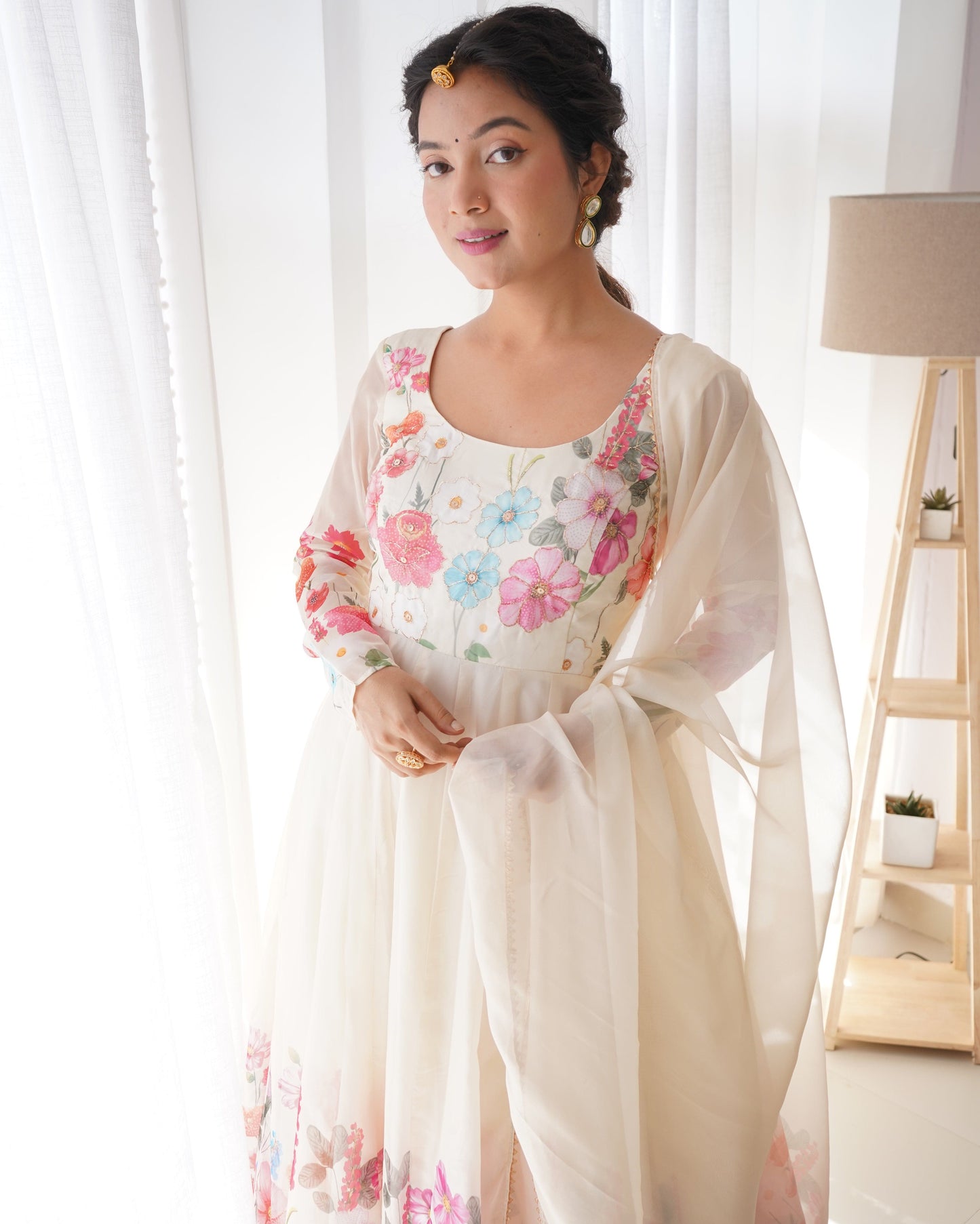 Breathtaking Organza Silk Floral Printed Designer Anarkali Pant Suit - Ethnicwish