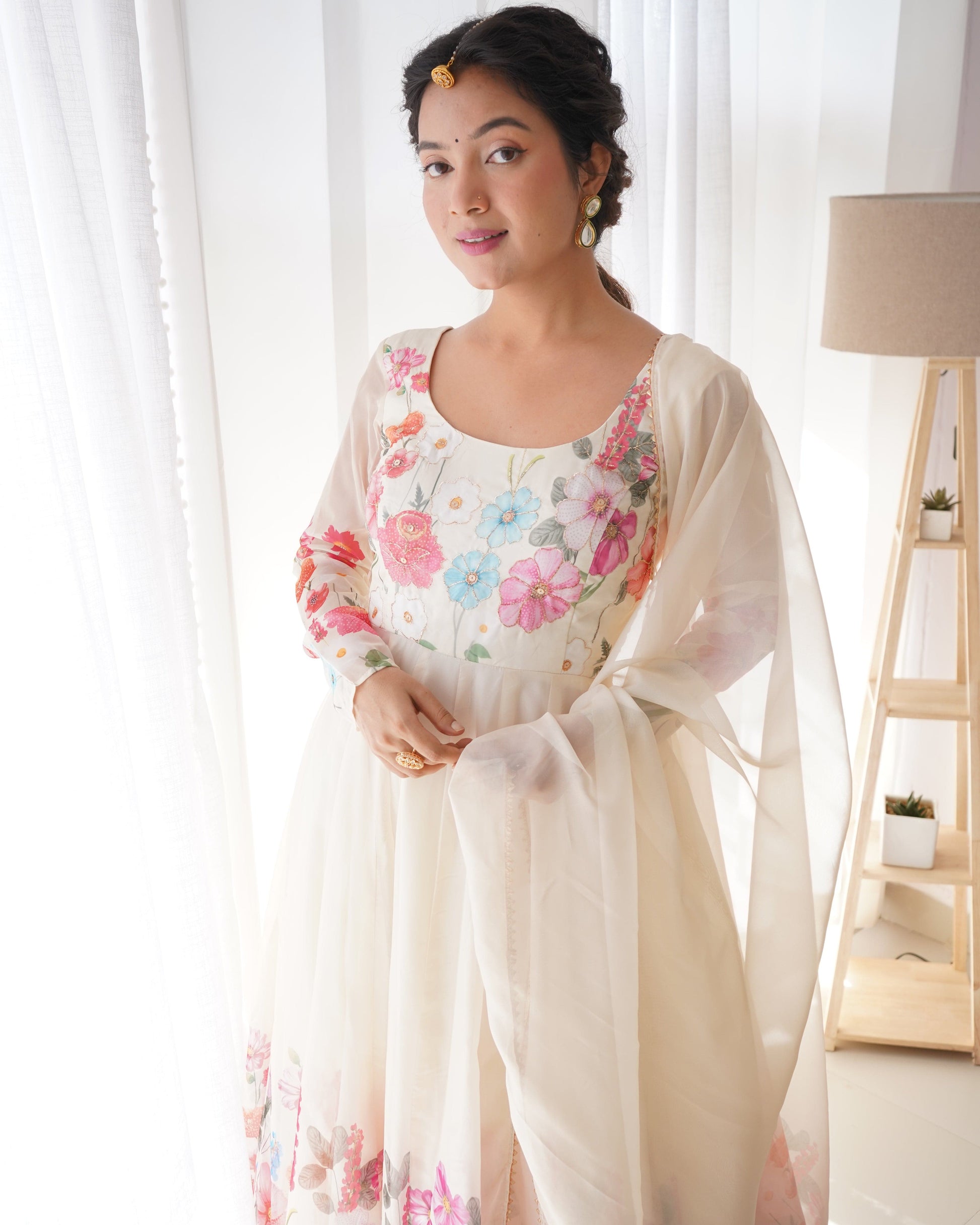 Breathtaking Organza Silk Floral Printed Designer Anarkali Pant Suit - Ethnicwish