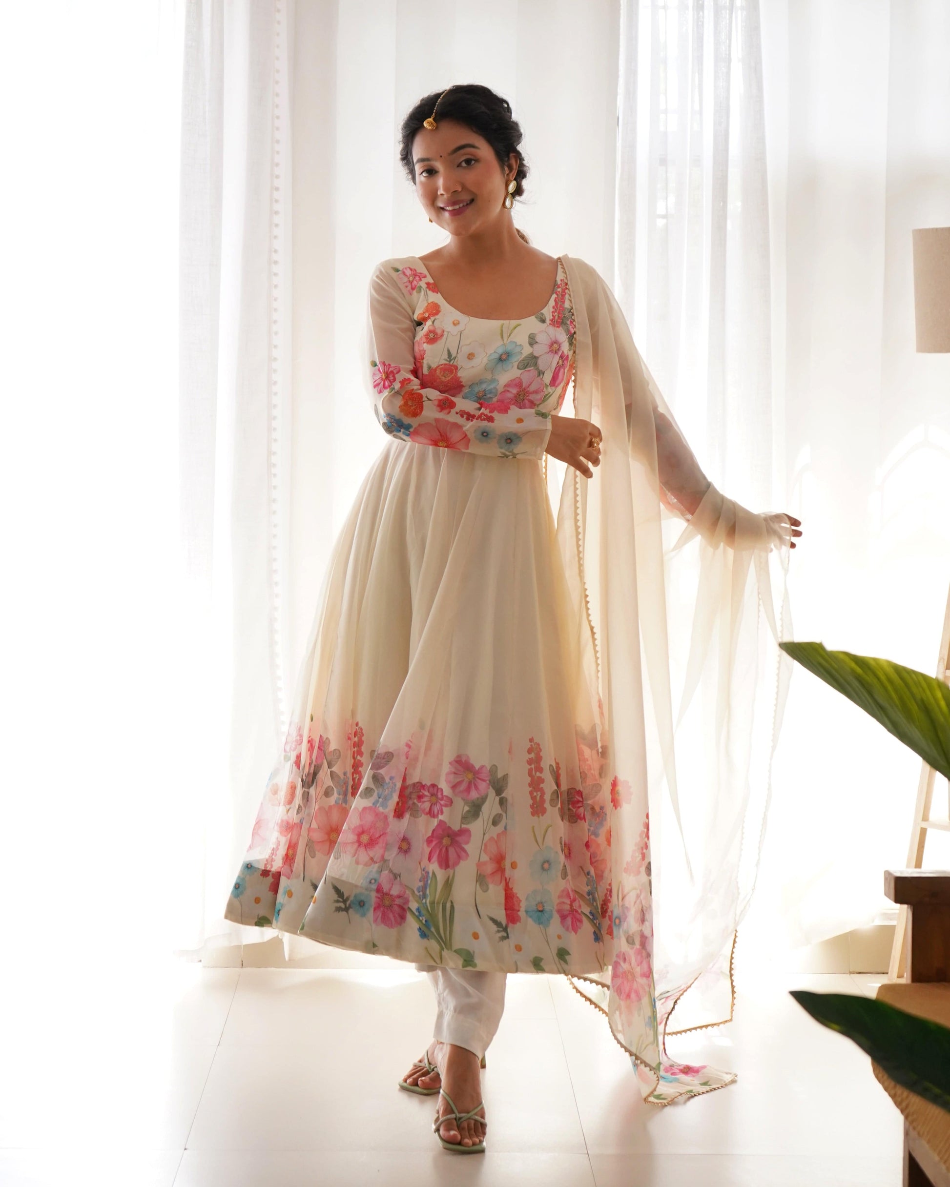 Breathtaking Organza Silk Floral Printed Designer Anarkali Pant Suit - Ethnicwish