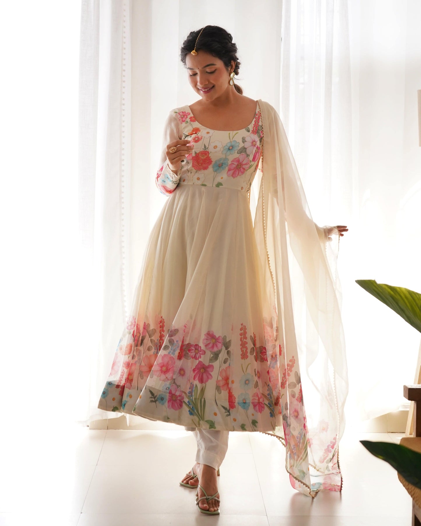 Breathtaking Organza Silk Floral Printed Designer Anarkali Pant Suit - Ethnicwish