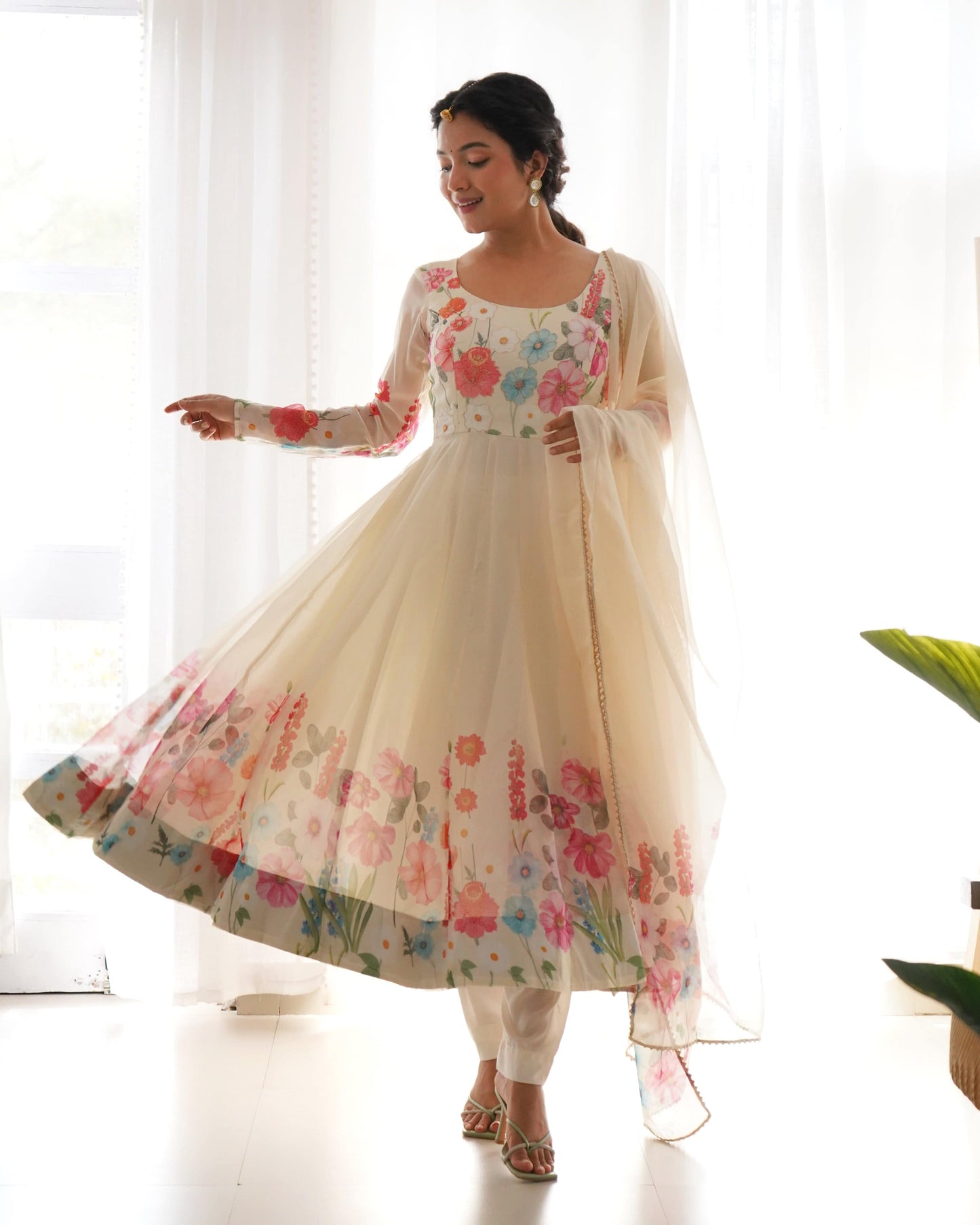 Breathtaking Organza Silk Floral Printed Designer Anarkali Pant Suit - Ethnicwish