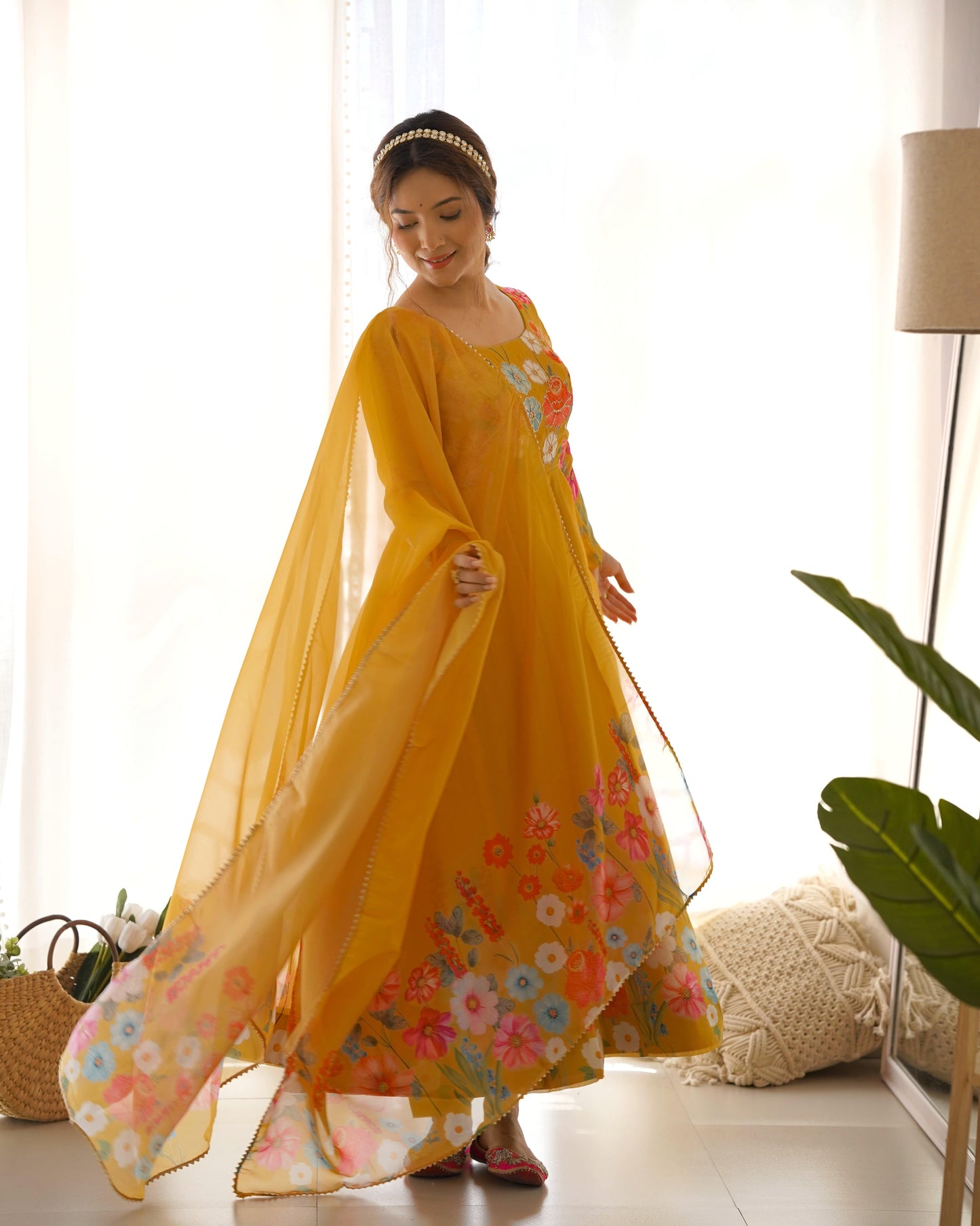 Breathtaking Organza Silk Floral Printed Designer Anarkali Pant Suit - Ethnicwish