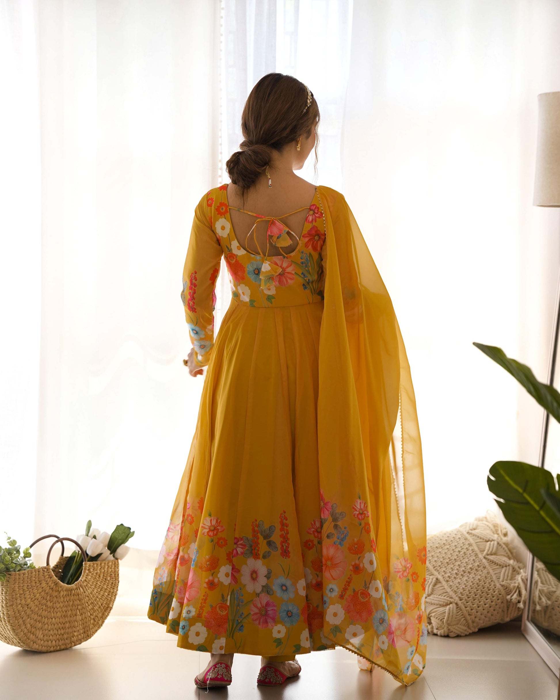 Breathtaking Organza Silk Floral Printed Designer Anarkali Pant Suit - Ethnicwish