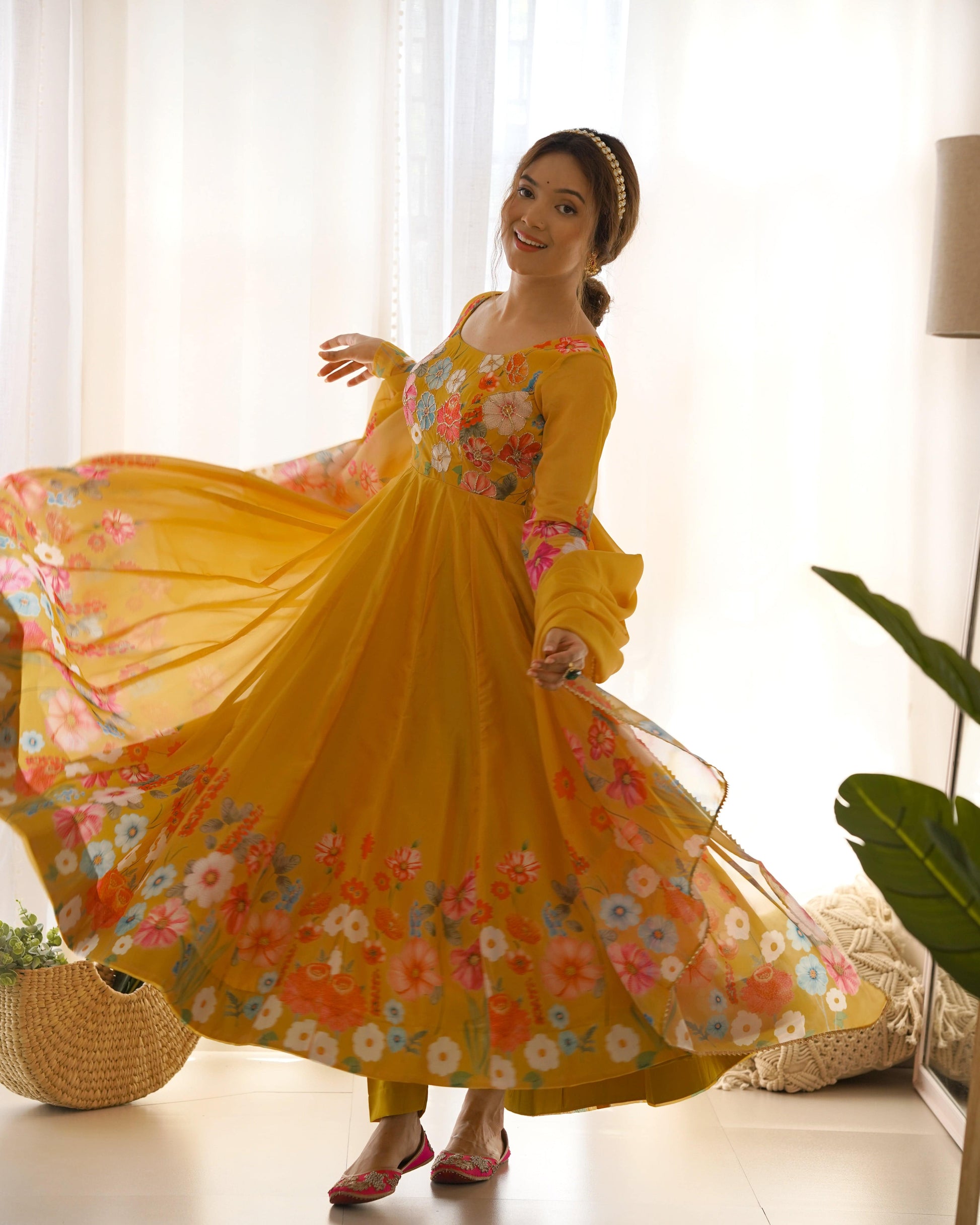 Breathtaking Organza Silk Floral Printed Designer Anarkali Pant Suit - Ethnicwish