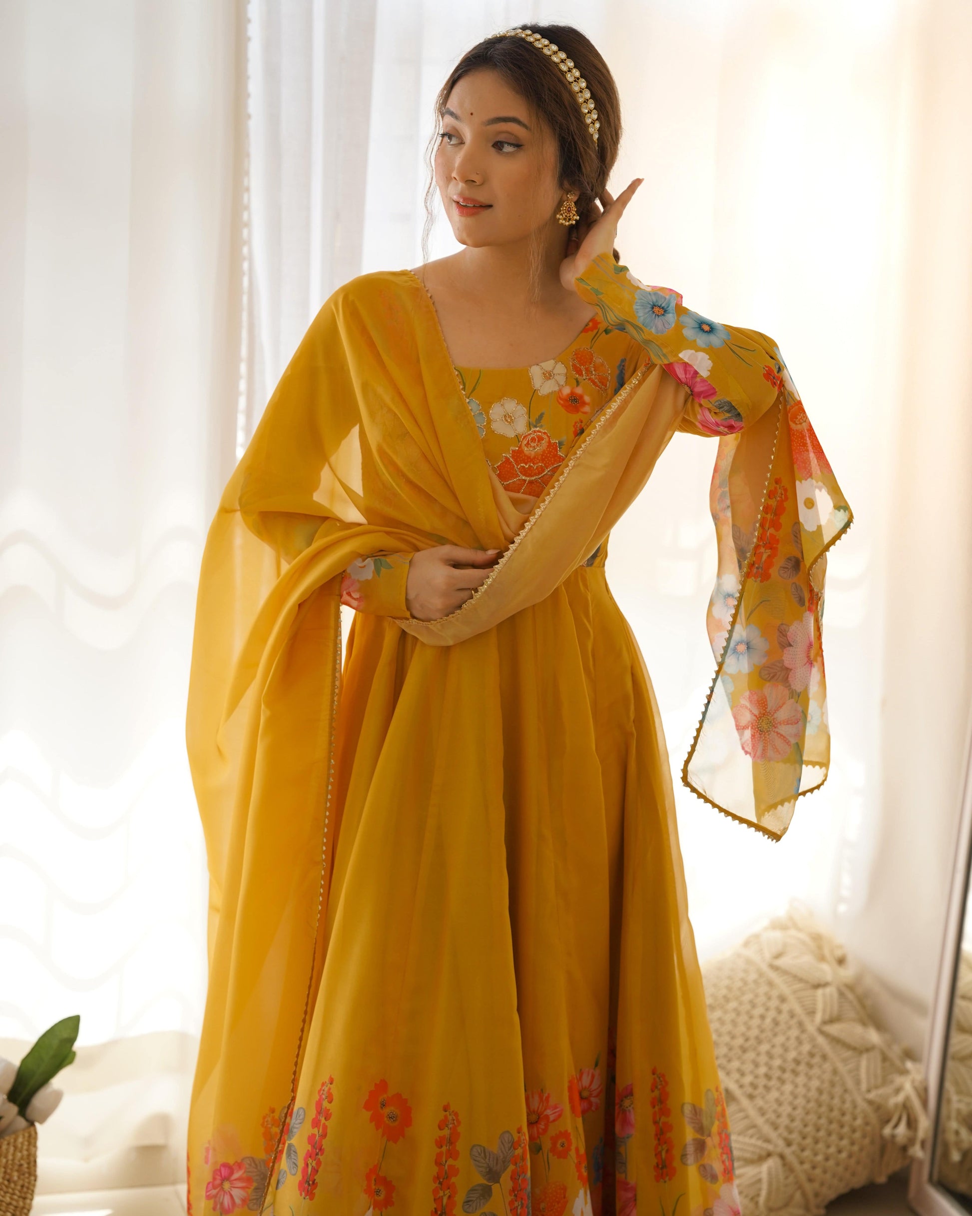 Breathtaking Organza Silk Floral Printed Designer Anarkali Pant Suit - Ethnicwish