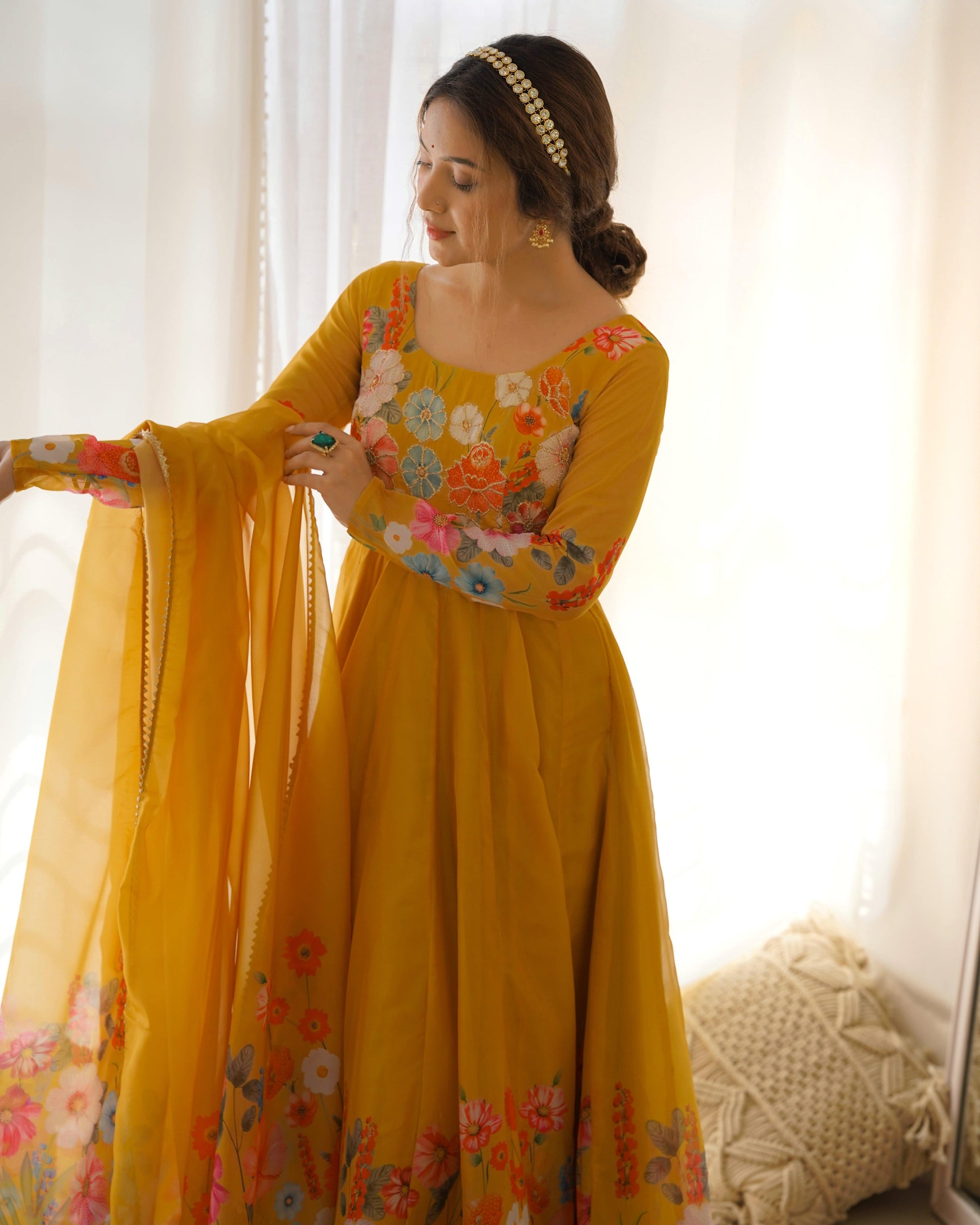 Breathtaking Organza Silk Floral Printed Designer Anarkali Pant Suit - Ethnicwish