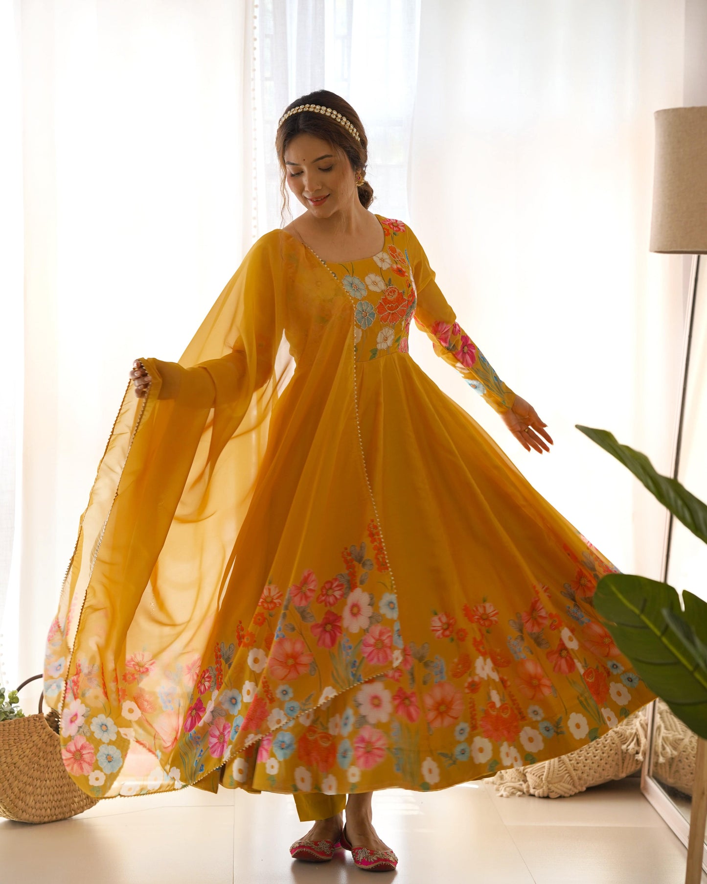 Breathtaking Organza Silk Floral Printed Designer Anarkali Pant Suit - Ethnicwish