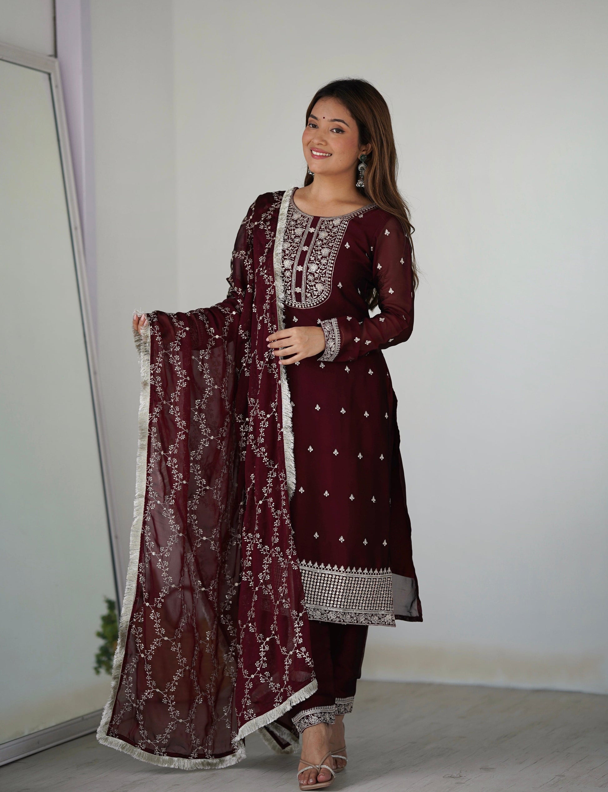 Appealing Rangoli Silk Sequins Embroidered Straight Top Pant Suit - Ethnicwish