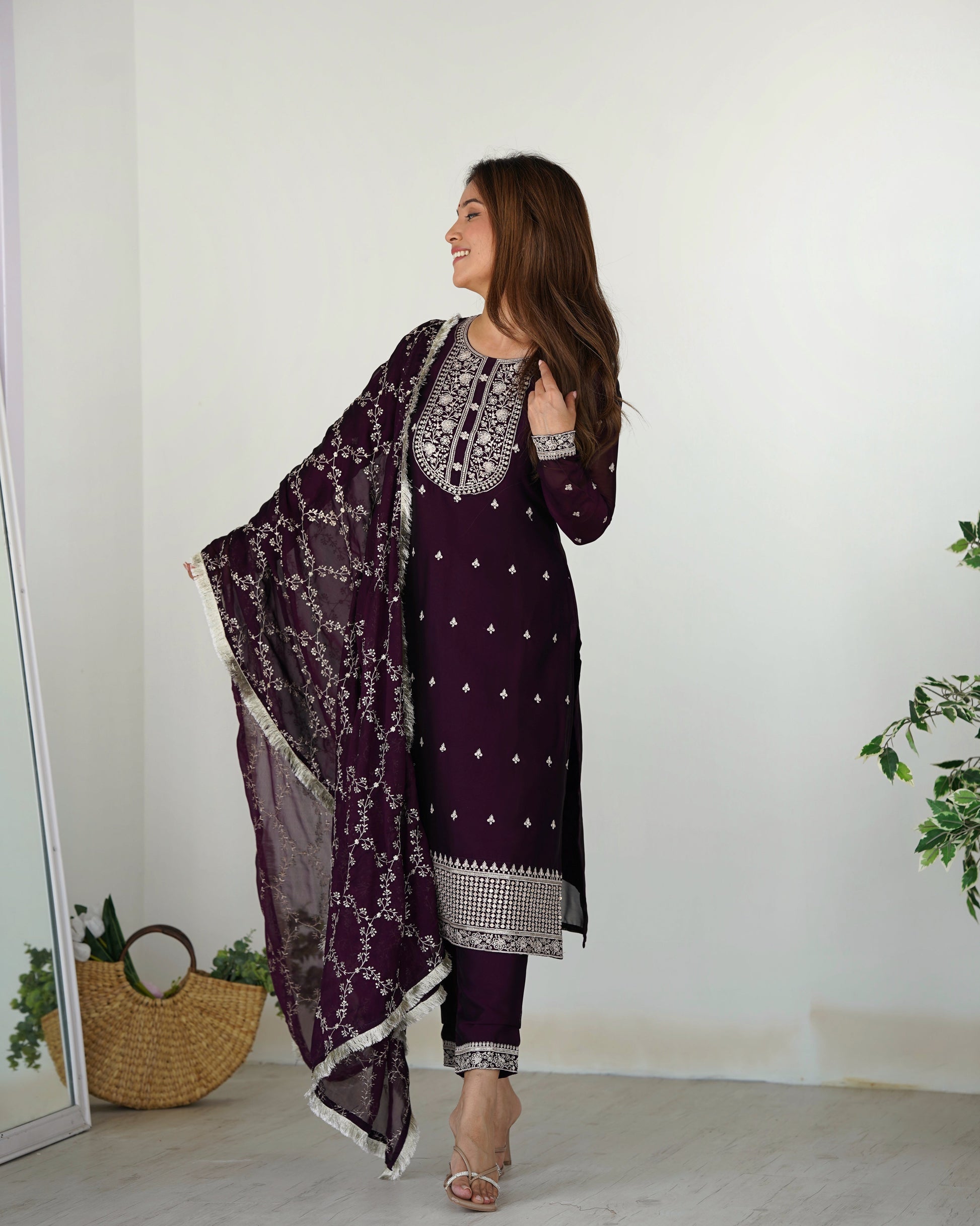 Appealing Rangoli Silk Sequins Embroidered Straight Top Pant Suit - Ethnicwish