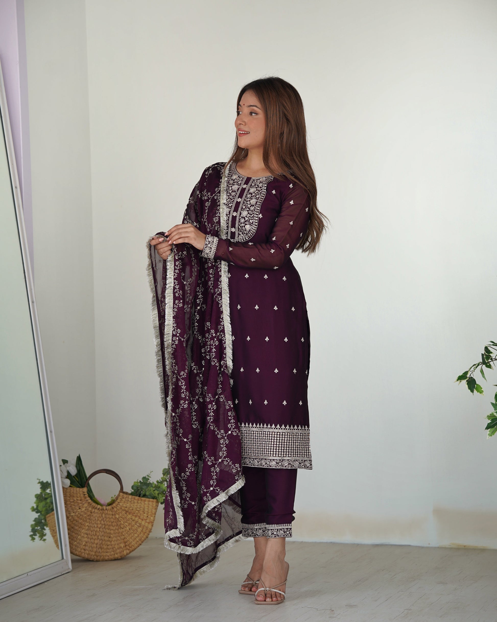 Appealing Rangoli Silk Sequins Embroidered Straight Top Pant Suit - Ethnicwish