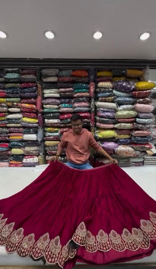 Premium Wine Satin Silk Lehenga Choli with Stone & Real Mirror Work