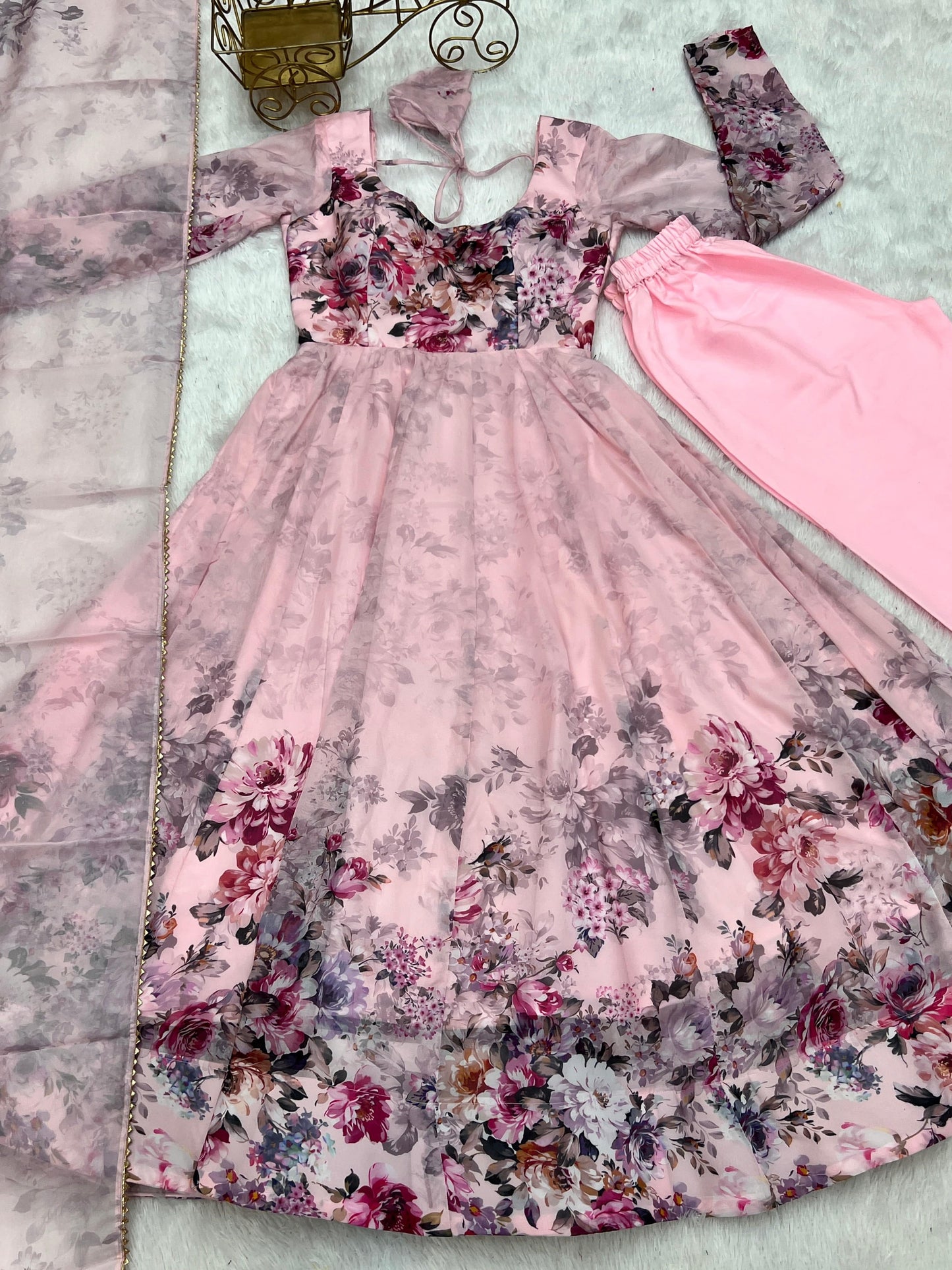 Lovely Organza Silk Floral Digital Printed Anarkali Pant Suit - Ethnicwish