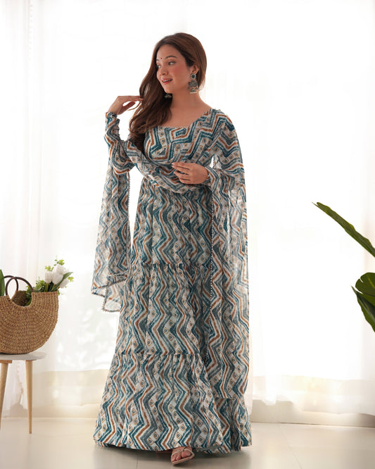 Resplendent Faux Georgette Zigzag Printed Anarkali Pant Suit - Ethnicwish