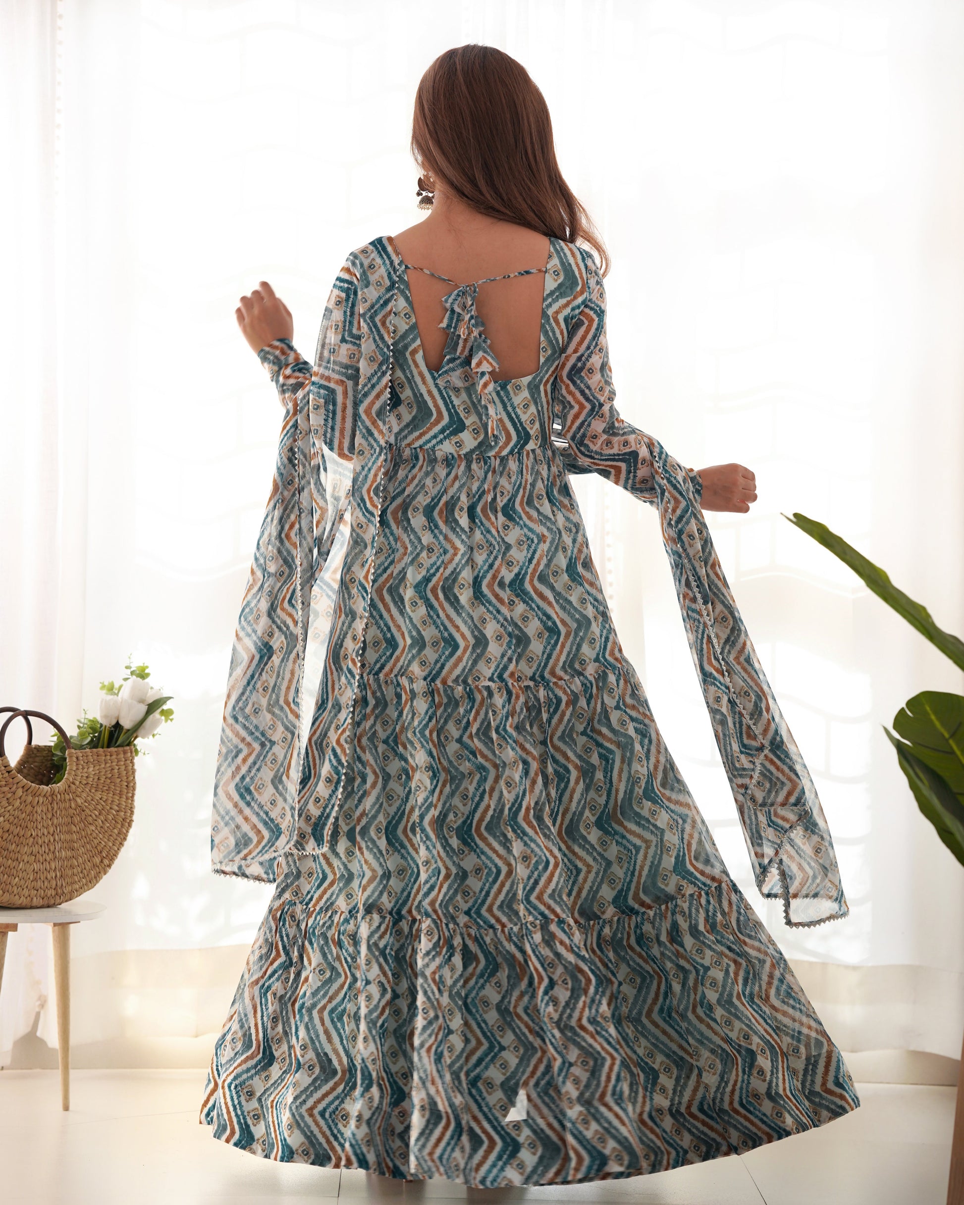 Resplendent Faux Georgette Zigzag Printed Anarkali Pant Suit - Ethnicwish