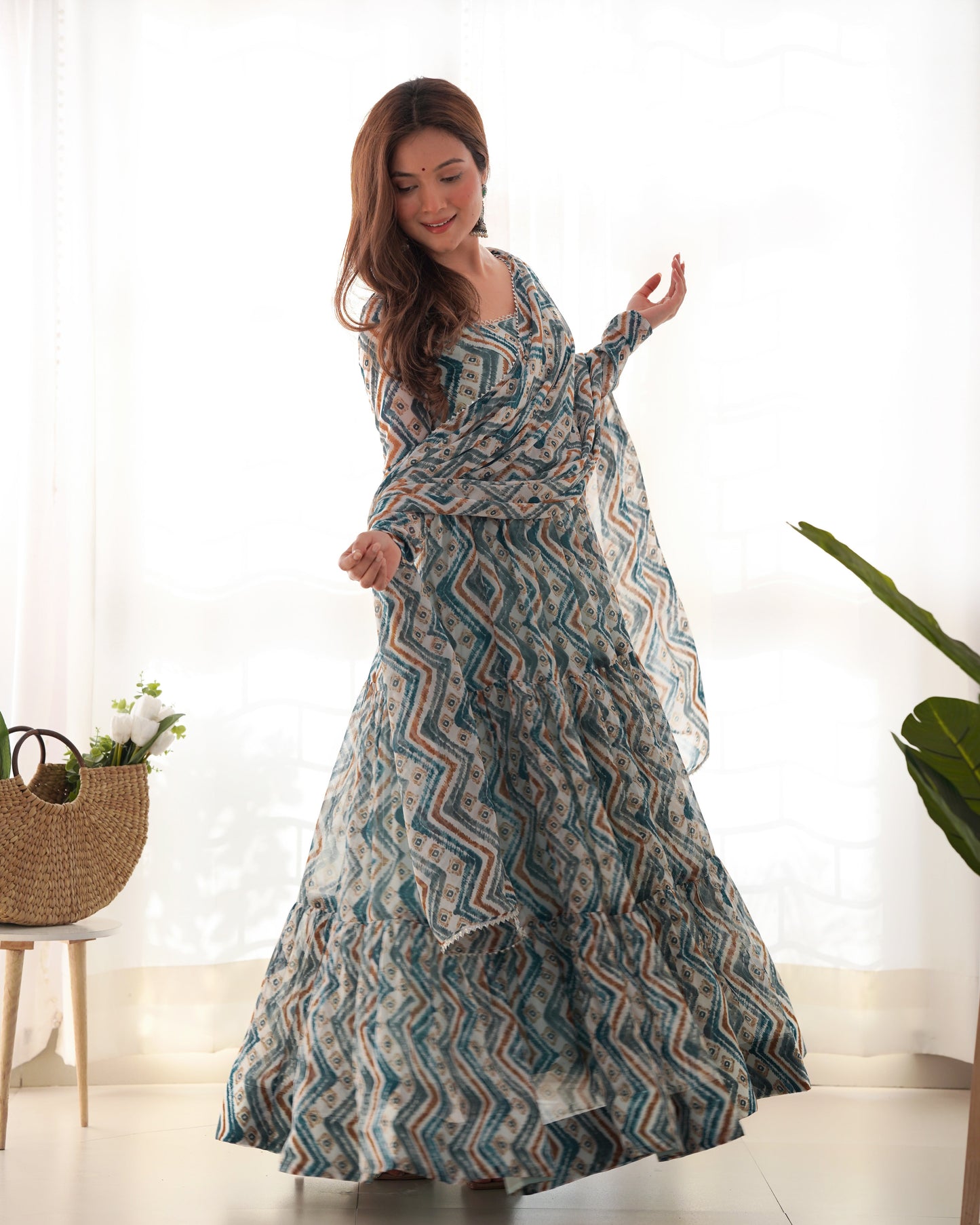 Resplendent Faux Georgette Zigzag Printed Anarkali Pant Suit - Ethnicwish