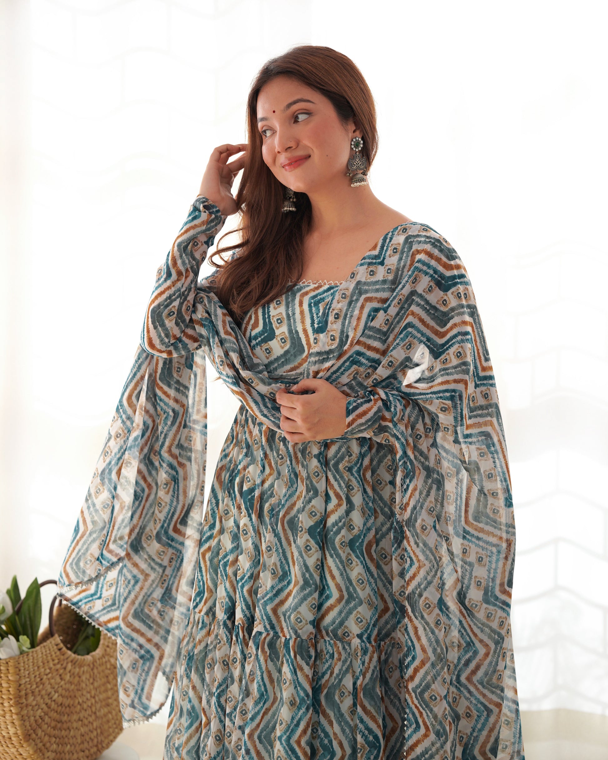 Resplendent Faux Georgette Zigzag Printed Anarkali Pant Suit - Ethnicwish