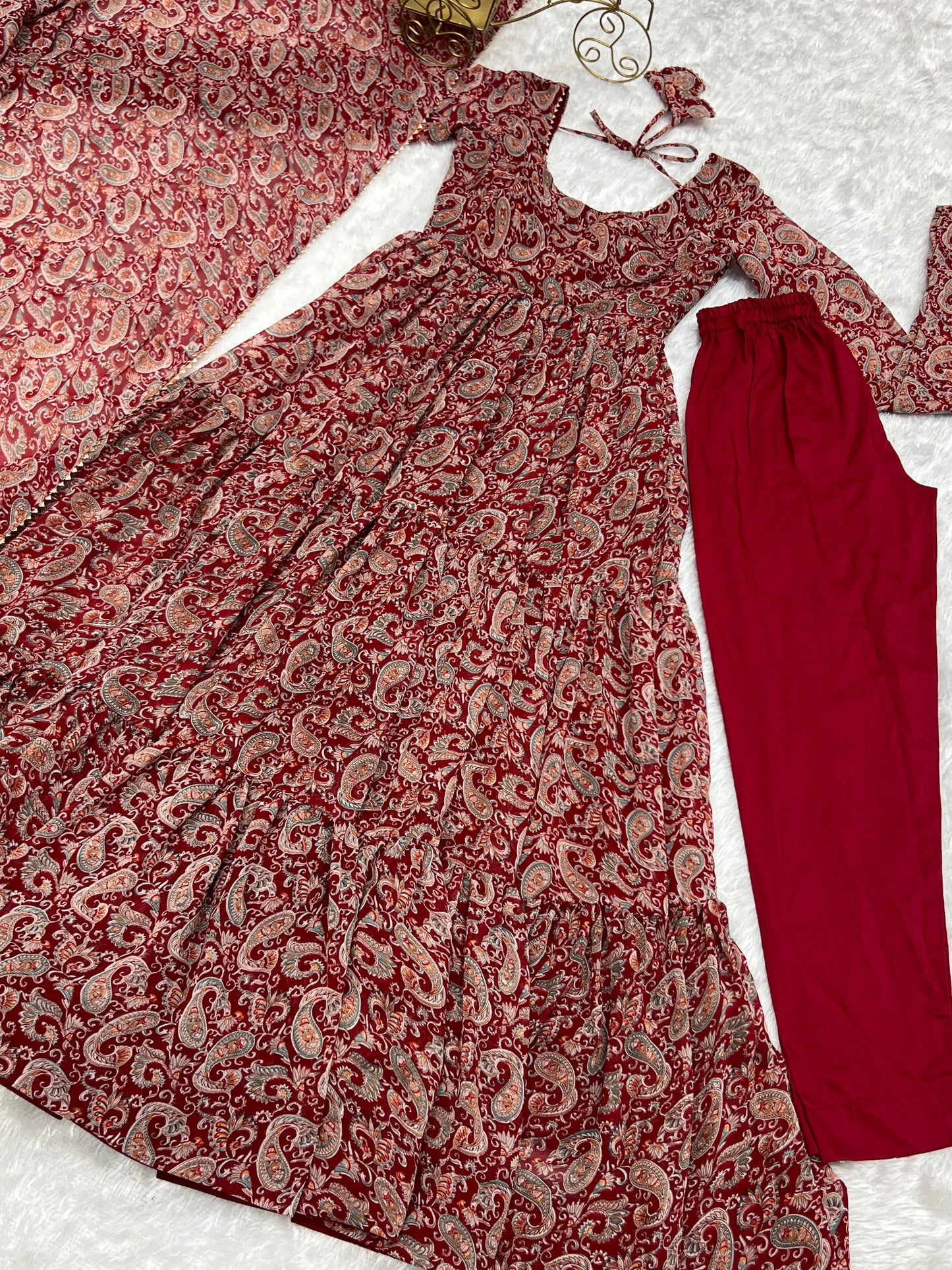 Winsome Faux Georgette Kalamkari Printed Anarkali Pant Suit - Ethnicwish