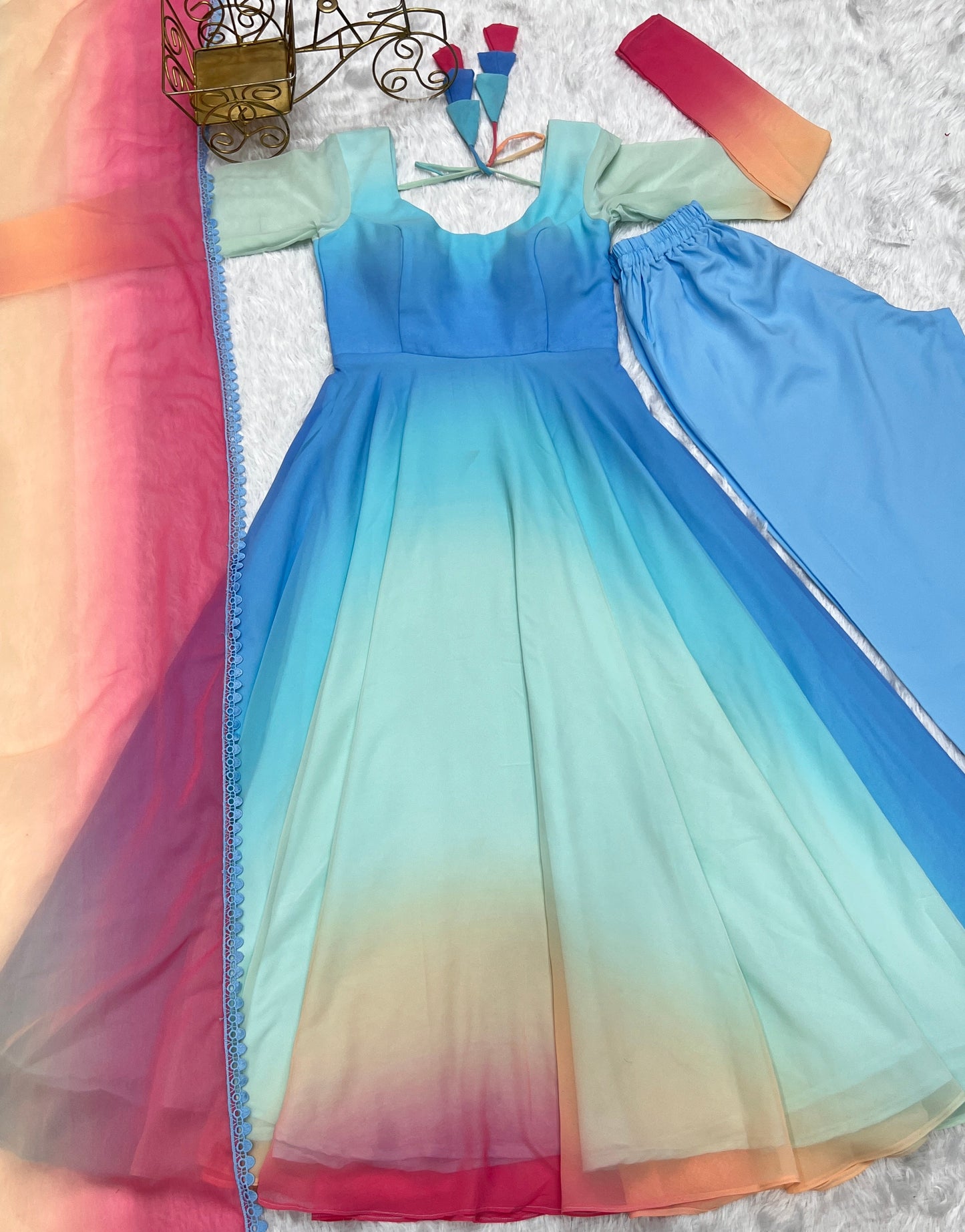 Enchanting Shaded Faux Georgette Fully Stitched Anarkali Pant Suit - Ethnicwish