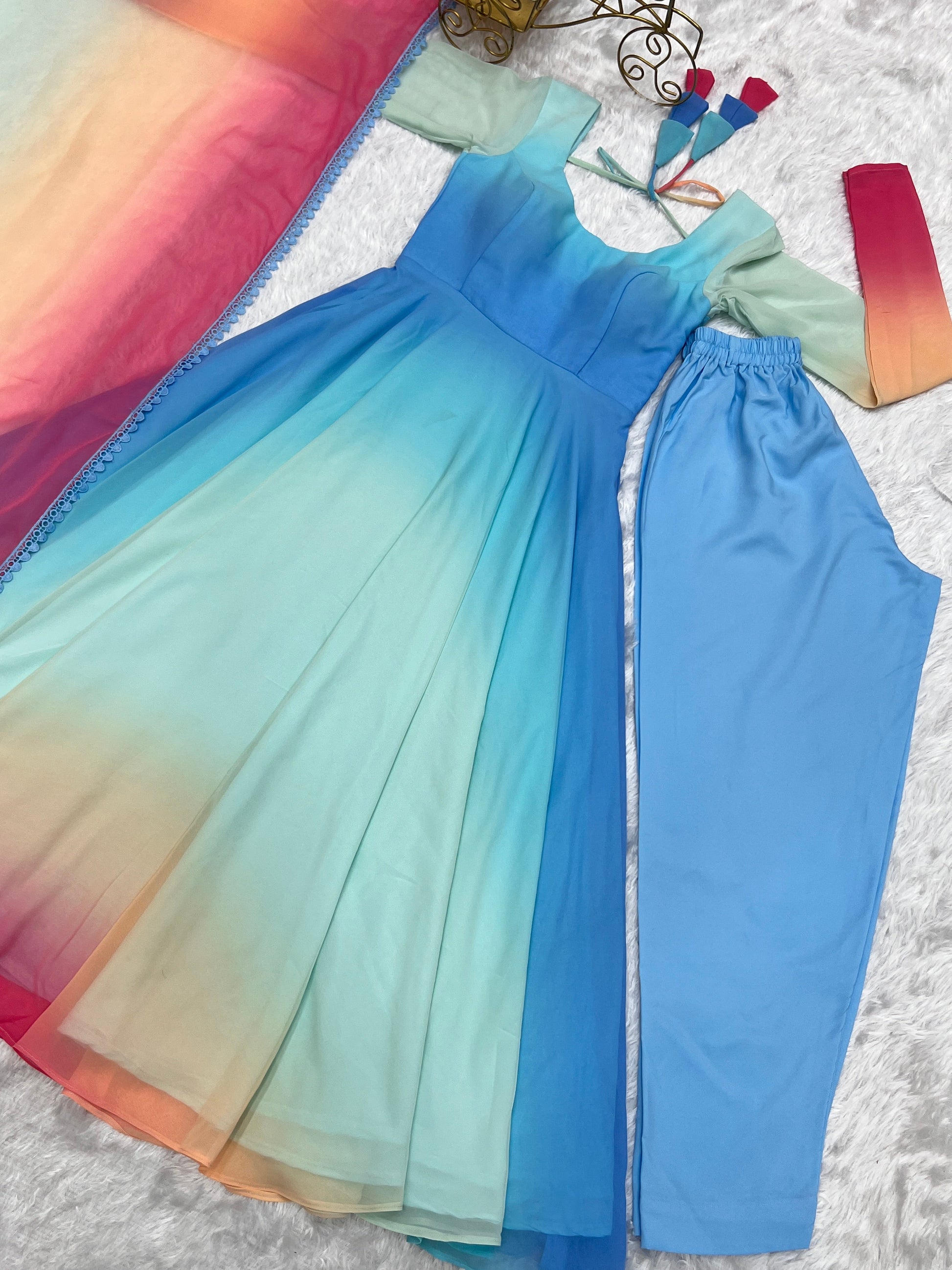 Enchanting Shaded Faux Georgette Fully Stitched Anarkali Pant Suit - Ethnicwish