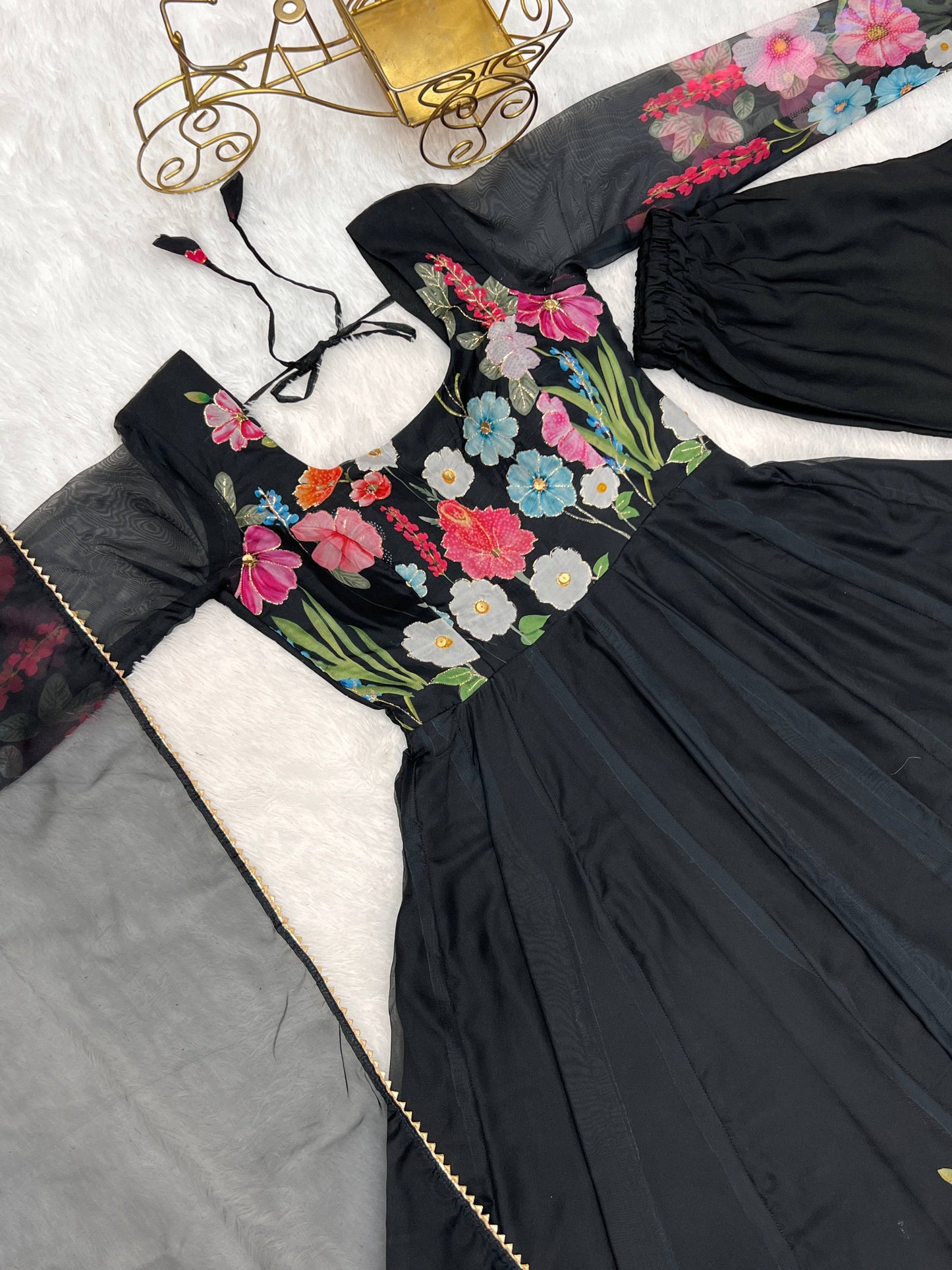 Breathtaking Organza Silk Floral Printed Designer Anarkali Pant Suit - Ethnicwish